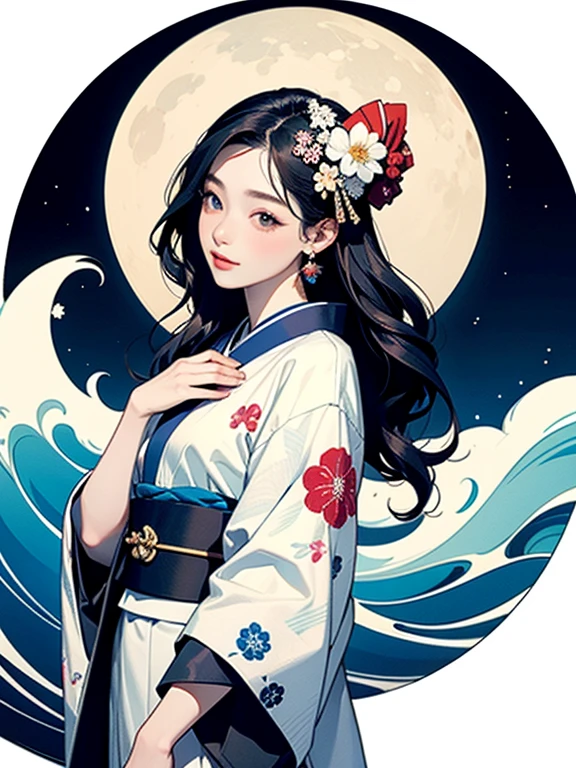 (Highest quality、masterpiece、High resolution、8K)、Ukiyo-e、Vibrant colors、The kimono has a vivid floral pattern on a white background.、Katsushika Hokusai、White waves and Mt. Fuji、White waves, the moon and a woman、White waves, a boat and a woman、White waves and a woman、Long Black Hair、White waves and a womanとカモメ、Official Art、Detailed CG、