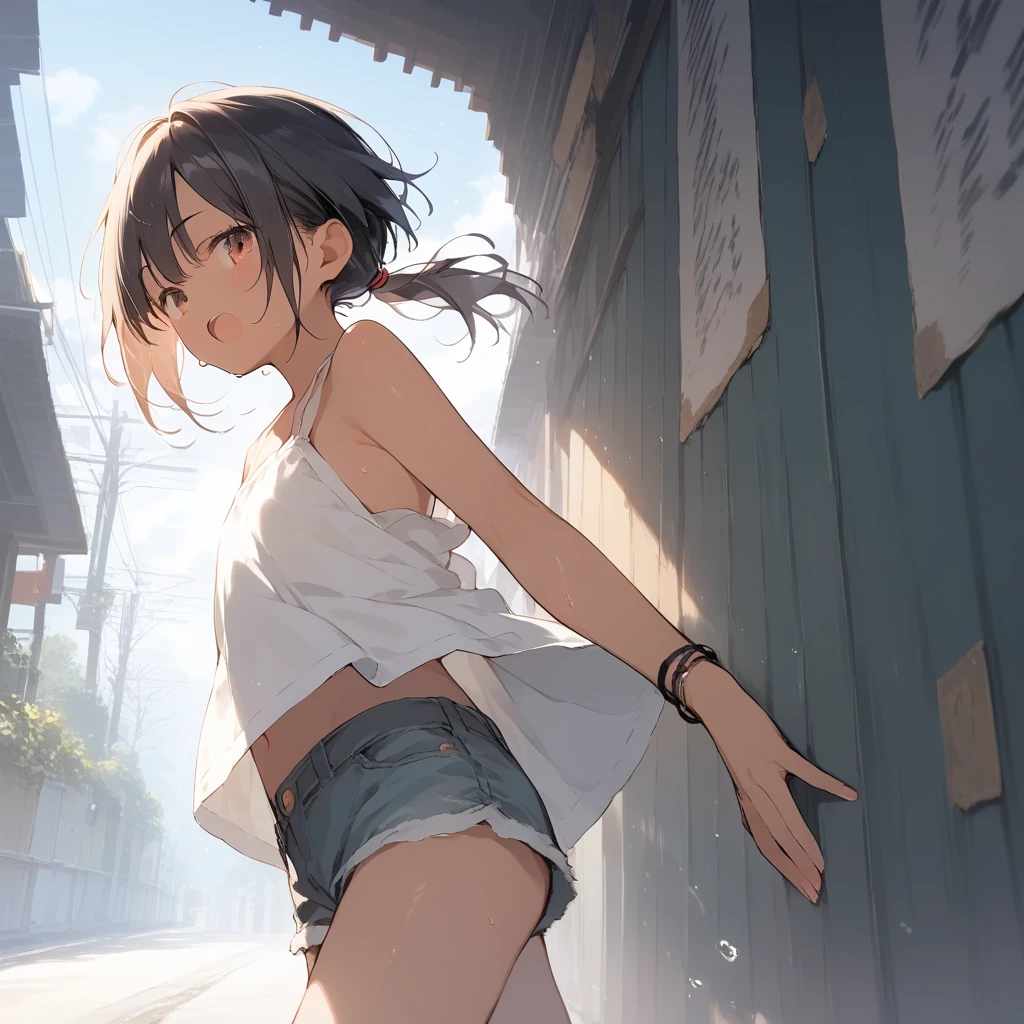 score_9, score_8_up, score_7_up, source_anime, best quality, masterpiece, official art, absurdres, highres, ultra-detailed,waifu2x,Collection: Slice of Life,break,1girl, tomboy, dark-skinned female, short hair, low ponytail, flat chest, beautiful detailed eyes, short shorts, sweat, open mouth, (yawn:0.3), sleepily, outdoors, wind,break,(clear line illustration:1.2), super detailed skin,very high resolution, very aesthetic, Best sexual lighting powered by famous artist, 8k,cute picture,beauty illustration,photoshop_(medium),,(Detailed Lighting),best anime 8k konachan wallpaper, pixiv contest winner,