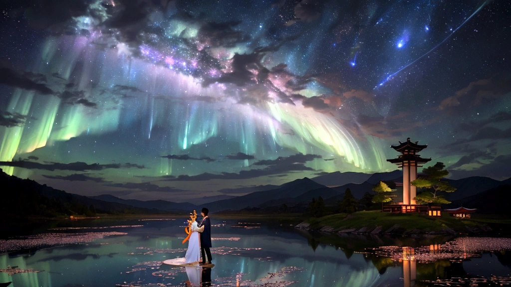 A magical scene depicting the Tanabata legend of Orihime and Hikoboshi. The setting is a celestial night sky with countless stars and the Milky Way creating a shimmering path. Orihime, dressed in a flowing traditional Japanese kimono, and Hikoboshi, in a matching elegant robe, are portrayed as graceful and ethereal figures. They are meeting on a beautiful celestial bridge made of stars, appearing radiant and joyous. The background features soft, glowing clouds and mystical auroras that enhance the romantic and mythical atmosphere. Surrounding the couple, there are delicate, floating paper lanterns and gentle lights that add a dreamy quality to the scene