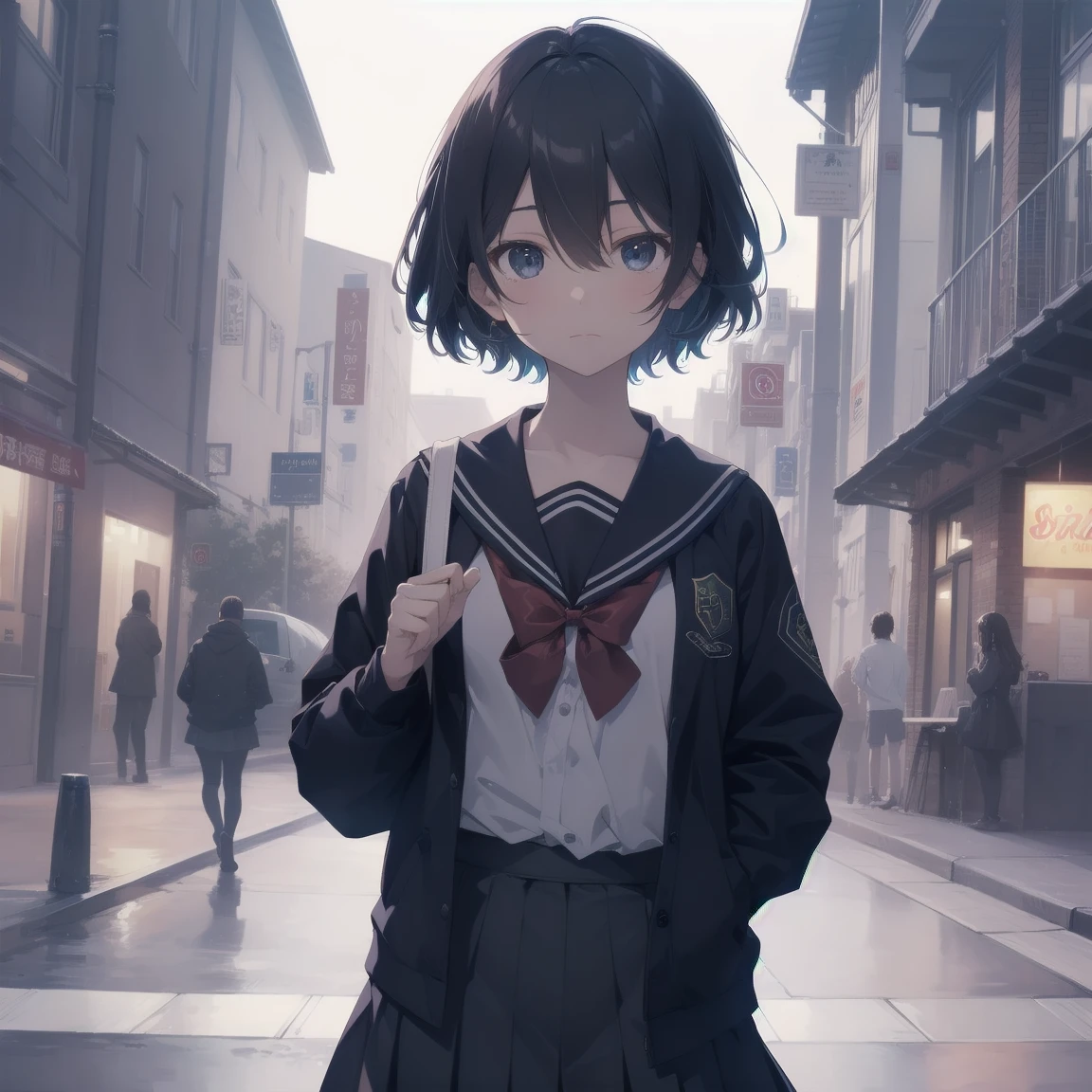 ultra-absurdres-Top quality by artist God, ultra-detailed, high resolution, anime moe artstyle, best anime 8k konachan wallpaper, pixiv contest winner, pool:2810, perfect anatomy,break, 1girl, (Please draw a girl walking sleepily to school alone. )break,(Solo,little female, 13-year-old:1.3),Full limbs, complete fingers,a junior high school student, (very short hair), short cut, flat chest, , small butt, small black eyes, beautiful detailed eyes, well-proportioned iris and pupils, expressive eyes, highres detailed hair, soft expression, salor school_uniform, sailor collar, serahuku, bow, pleated skirt,(Detailed Lighting), (Detailed background), in the School commute route. break,super detailed skin, Best cinematic lighting powered by famous artist, 8k,beauty illustration,photoshop_(medium),very aesthetic,break,((artist:yuuji_(and) )), artist:clamp ,artist:carnelian ,artist:kantoku ,