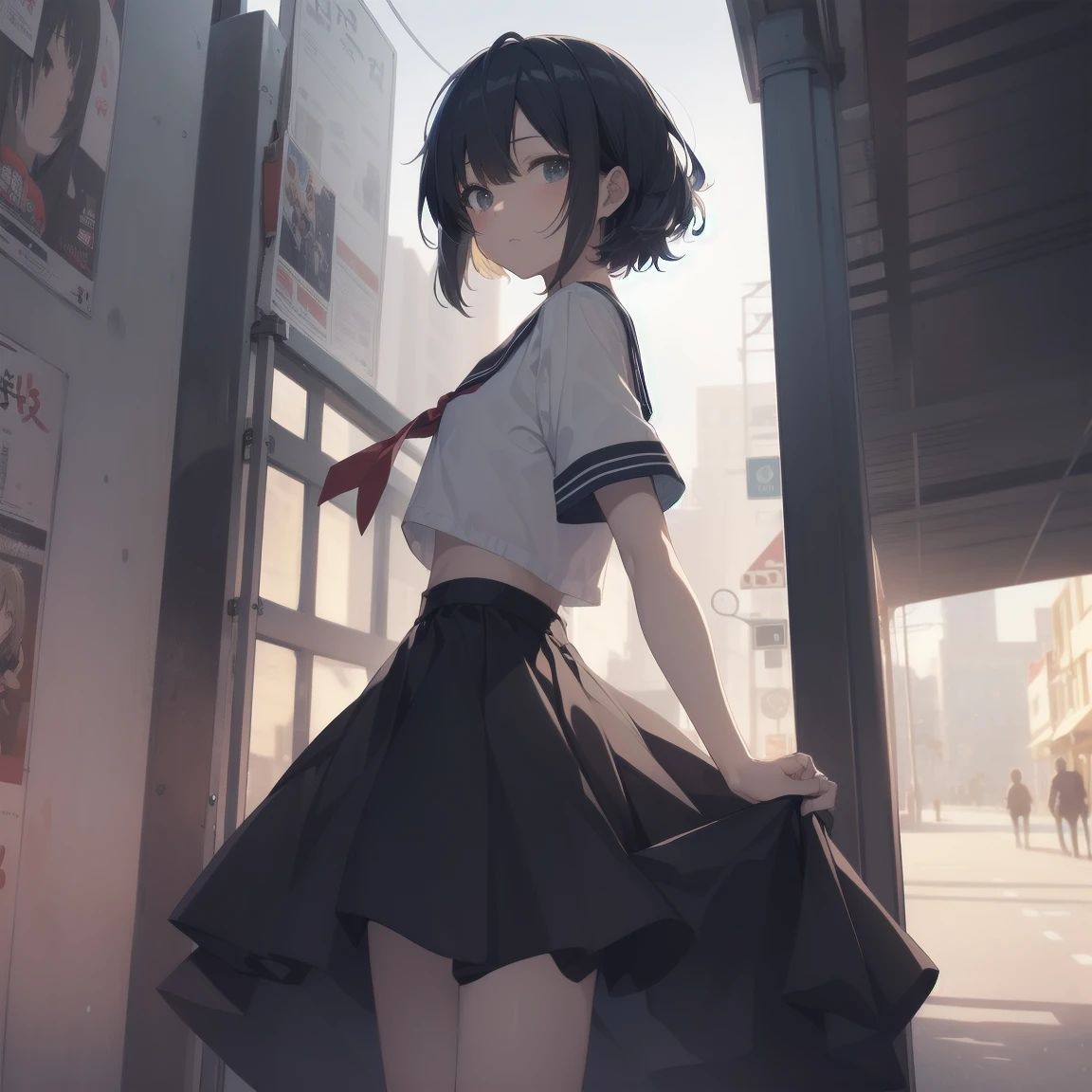 ultra-absurdres-Top quality by artist God, ultra-detailed, high resolution, anime moe artstyle, best anime 8k konachan wallpaper, pixiv contest winner, pool:2810, perfect anatomy,break, 1girl, (Please draw a girl walking sleepily to school alone. )break,(Solo,little female, 13-year-old:1.3),Full limbs, complete fingers,a junior high school student, (very short hair), short cut, flat chest, , small butt, small black eyes, beautiful detailed eyes, well-proportioned iris and pupils, expressive eyes, highres detailed hair, soft expression, salor school_uniform, sailor collar, serahuku, bow, pleated skirt,(Detailed Lighting), (Detailed background), in the School commute route. break,super detailed skin, Best cinematic lighting powered by famous artist, 8k,beauty illustration,photoshop_(medium),very aesthetic,break,((artist:yuuji_(and) )), artist:clamp ,artist:carnelian ,artist:kantoku ,
