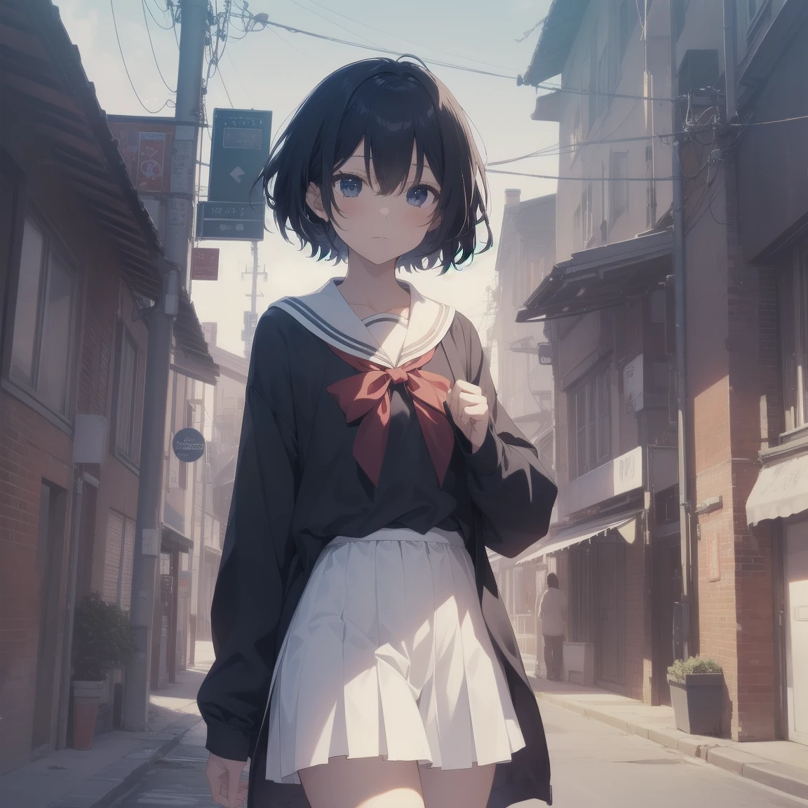 ultra-absurdres-Top quality by artist God, ultra-detailed, high resolution, anime moe artstyle, best anime 8k konachan wallpaper, pixiv contest winner, pool:2810, perfect anatomy,break, 1girl, (Please draw a girl walking sleepily to school alone. )break,(Solo,little female, 13-year-old:1.3),Full limbs, complete fingers,a junior high school student, (very short hair), short cut, flat chest, , small butt, small black eyes, beautiful detailed eyes, well-proportioned iris and pupils, expressive eyes, highres detailed hair, soft expression, salor school_uniform, sailor collar, serahuku, bow, pleated skirt,(Detailed Lighting), (Detailed background), in the School commute route. break,super detailed skin, Best cinematic lighting powered by famous artist, 8k,beauty illustration,photoshop_(medium),very aesthetic,break,((artist:yuuji_(and) )), artist:clamp ,artist:carnelian ,artist:kantoku ,