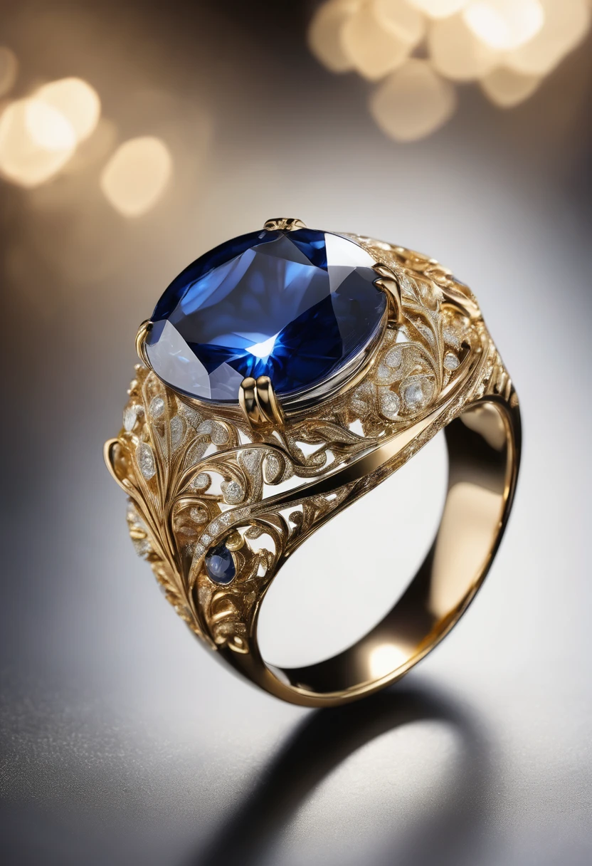 White background, a modern ring with a sapphire stone, jewelry design, intricate details, photorealistic, 8k, best quality, highly detailed, masterpiece, precious gemstone, elegant, luxurious, shiny gold, flawless finish, realistic lighting, studio lighting, sharp focus, cinematic, chiaroscuro, dramatic lighting, glowing, atmospheric