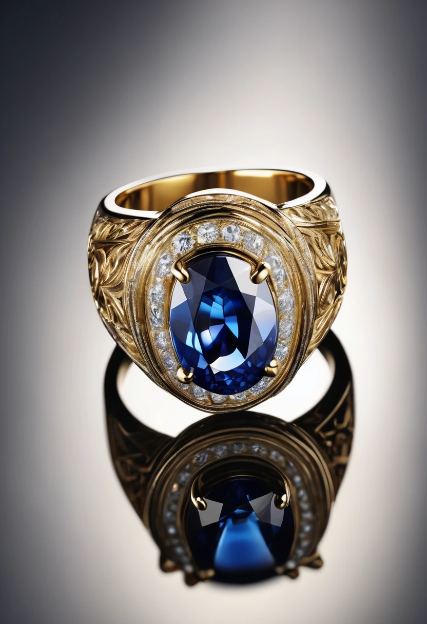 White background, a modern ring with a sapphire stone, jewelry design, intricate details, photorealistic, 8k, best quality, highly detailed, masterpiece, precious gemstone, elegant, luxurious, shiny gold, flawless finish, realistic lighting, studio lighting, sharp focus, cinematic, chiaroscuro, dramatic lighting, glowing, atmospheric