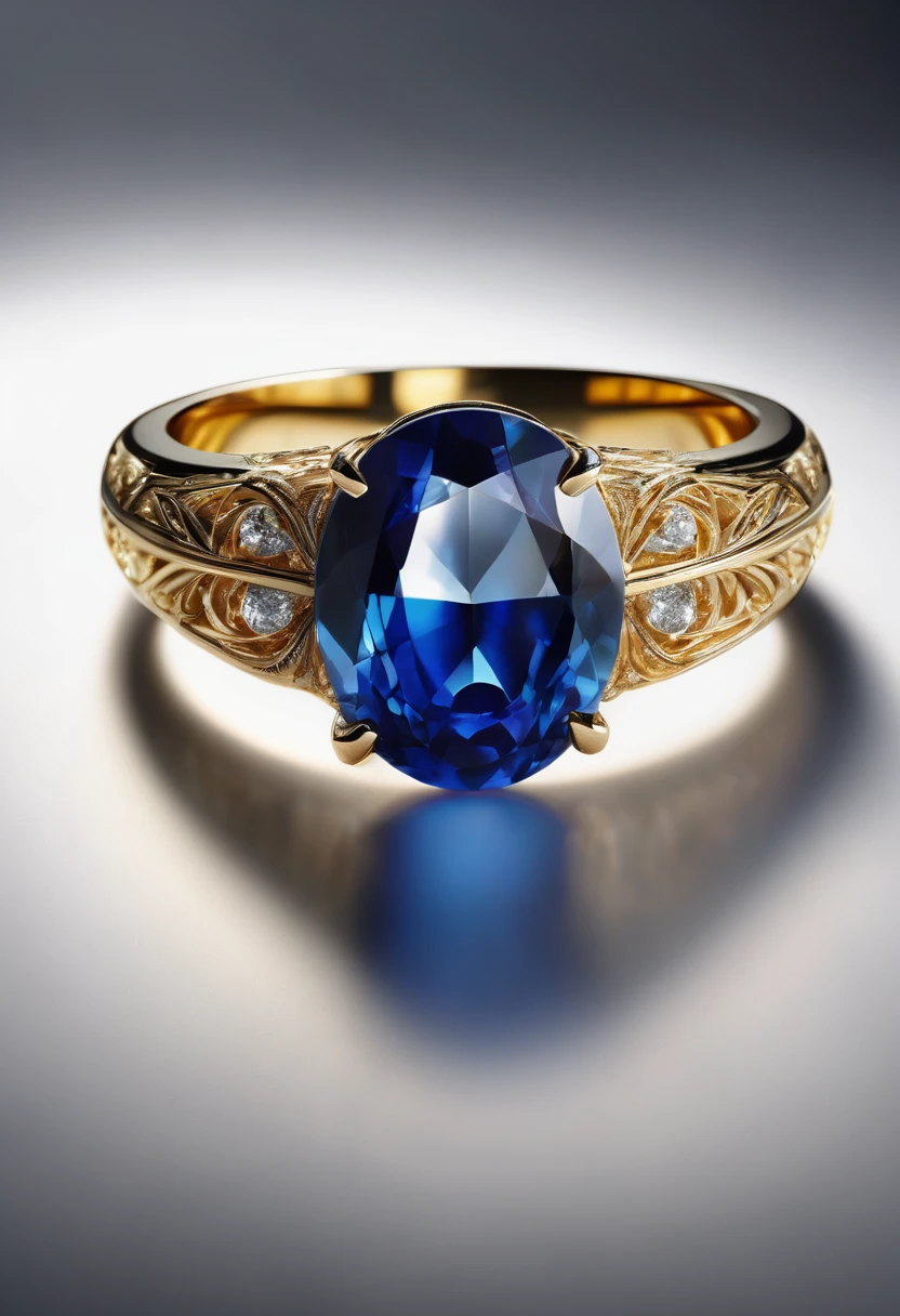 White background, a modern ring with a sapphire stone, jewelry design, intricate details, photorealistic, 8k, best quality, highly detailed, masterpiece, precious gemstone, elegant, luxurious, shiny gold, flawless finish, realistic lighting, studio lighting, sharp focus, cinematic, chiaroscuro, dramatic lighting, glowing, atmospheric