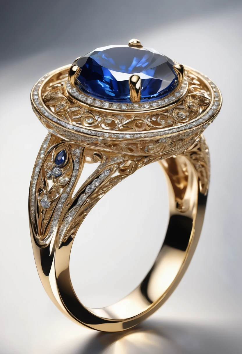 White background, a modern ring with a sapphire stone, jewelry design, intricate details, photorealistic, 8k, best quality, highly detailed, masterpiece, precious gemstone, elegant, luxurious, shiny gold, flawless finish, realistic lighting, studio lighting, sharp focus, cinematic, chiaroscuro, dramatic lighting, glowing, atmospheric