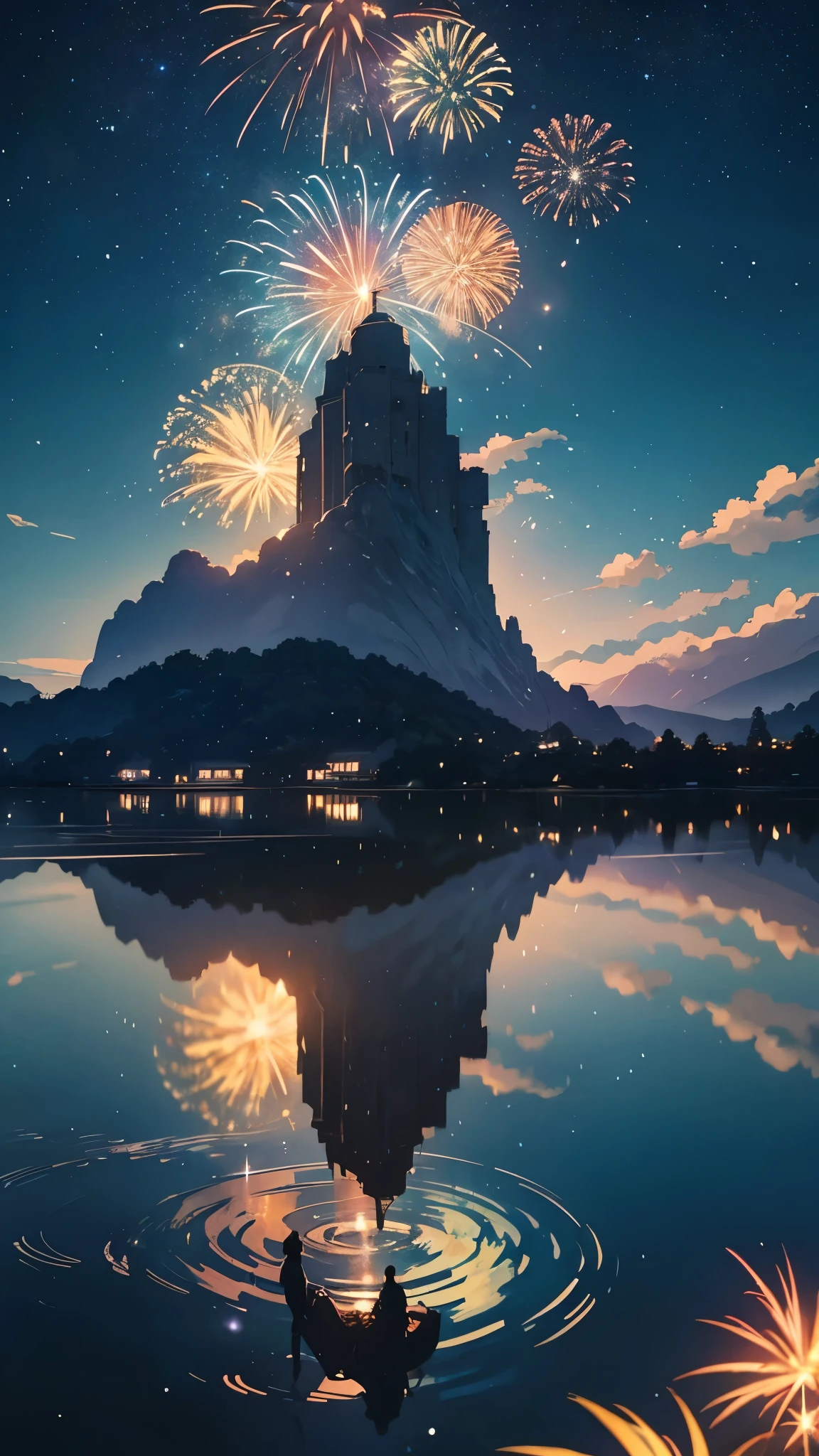 High quality masterpiece、landscape、Fireworks、Bright starry sky。Romantic Train、Pixiv、Concept Art、Lofi Artスタイル、reflection。Xin Haicheng、Lofi Art、Beautiful anime scene、アニメlandscape、詳細なlandscape - 幅672、Makoto Shinkai's Style、Makoto Shinkai's Style、Enhanced Details。