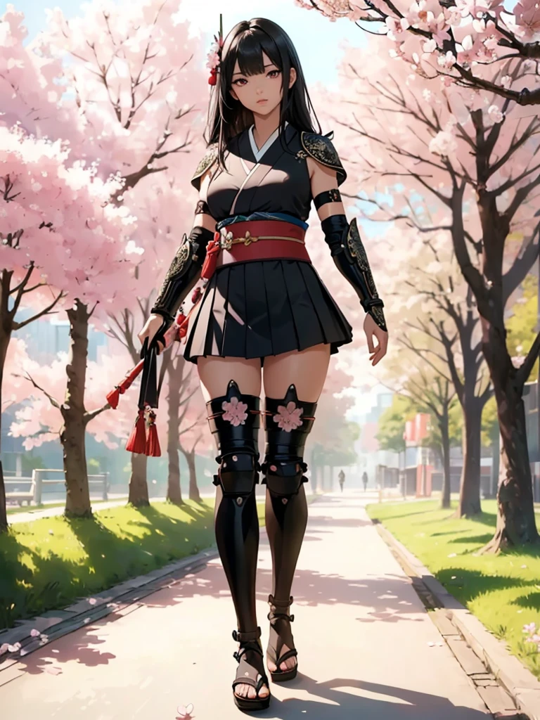 ((1girl, solo)), beautiful body, (perfect anatomy, perfect body, perfect hands, perfect legs), (five fingers:1.5), natural proportions, sexy body, large breasts, cowboy shot BREAK
((extremely detailed face)), (beautiful detailed eyes:1.6), (realistic pupils, realistic iris:1), expressive eyes, looking at viewer, (clear eyes:1.3), (hyperrealistic:1.2), (detailed skin texture:1.2), smooth skin, (black hair:1.5), (red eyes:1.3), long hair, (straight hair:1.5), ((blunt bangs)), hair ornament, hair flower, (detailed lips:1.2), (attractive lips:1.1), (glossy lips:1.1), (parted lips), perfect face, perfect eyes BREAK
Samurai, japanese clothes, (short kimono:1.5), sleeveless, elbow gloves, (arm guard:1.5), ((micro mini skirt)), pleated skirt, black skirt, zettai ryouiki, thighs, black thighhighs, (greaves:1.3), skindentation, tassel, shimenawa BREAK
Outdoors, day, (spring:1.3), (((cherry blossoms))), nature, ((trees)), ((ancient japan)), medieval fantasy BREAK
(masterpiece:1.5), anime-style, top quality, best quality, (beautiful and aesthetic:1.2), (ultra detail:1.5), Ultra-detailed depiction, Ultra-precise depiction, extremely detailed 8k illustration, high resolution, (highly detailed shading:1.2), (realistic lighting:1.4), perfect lighting, vibrant colors, dynamic tones, striking hues, 8k, absurd resolution, perfect shadows, hdr, UHD, ambient lighting, realistic, ultra-realistic, photo realistic, highly detailed, rich detail, luminous colors, fine texture, intricate design, professional illustration, (soft light:1.2), (illustration:0.7)