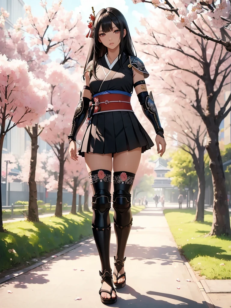 ((1girl, solo)), beautiful body, (perfect anatomy, perfect body, perfect hands, perfect legs), (five fingers:1.5), natural proportions, sexy body, large breasts, cowboy shot BREAK
((extremely detailed face)), (beautiful detailed eyes:1.6), (realistic pupils, realistic iris:1), expressive eyes, looking at viewer, (clear eyes:1.3), (hyperrealistic:1.2), (detailed skin texture:1.2), smooth skin, (black hair:1.5), (red eyes:1.3), long hair, (straight hair:1.5), ((blunt bangs)), hair ornament, hair flower, (detailed lips:1.2), (attractive lips:1.1), (glossy lips:1.1), (parted lips), perfect face, perfect eyes BREAK
Samurai, japanese clothes, (short kimono:1.5), sleeveless, elbow gloves, (arm guard:1.5), ((micro mini skirt)), pleated skirt, black skirt, zettai ryouiki, thighs, black thighhighs, (greaves:1.3), skindentation, tassel, shimenawa BREAK
Outdoors, day, (spring:1.3), (((cherry blossoms))), nature, ((trees)), ((ancient japan)), medieval fantasy BREAK
(masterpiece:1.5), anime-style, top quality, best quality, (beautiful and aesthetic:1.2), (ultra detail:1.5), Ultra-detailed depiction, Ultra-precise depiction, extremely detailed 8k illustration, high resolution, (highly detailed shading:1.2), (realistic lighting:1.4), perfect lighting, vibrant colors, dynamic tones, striking hues, 8k, absurd resolution, perfect shadows, hdr, UHD, ambient lighting, realistic, ultra-realistic, photo realistic, highly detailed, rich detail, luminous colors, fine texture, intricate design, professional illustration, (soft light:1.2), (illustration:0.7)