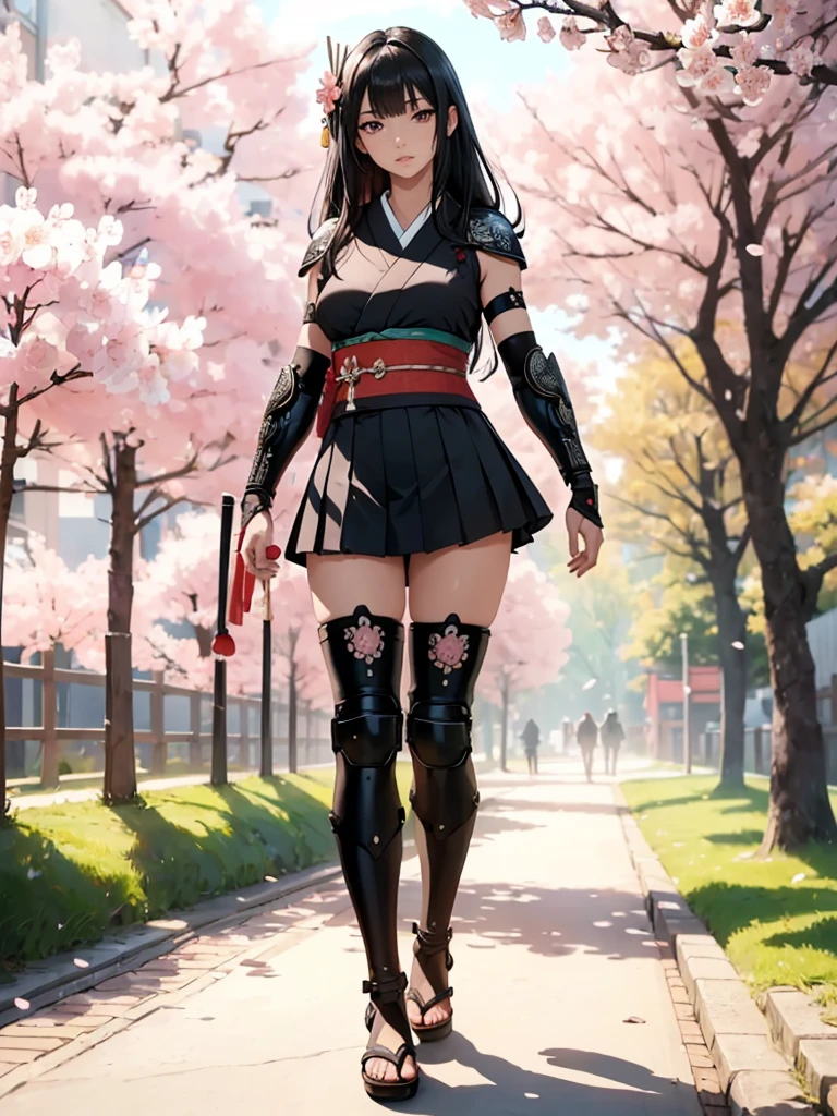 ((1girl, solo)), beautiful body, (perfect anatomy, perfect body, perfect hands, perfect legs), (five fingers:1.5), natural proportions, sexy body, large breasts, cowboy shot BREAK
((extremely detailed face)), (beautiful detailed eyes:1.6), (realistic pupils, realistic iris:1), expressive eyes, looking at viewer, (clear eyes:1.3), (hyperrealistic:1.2), (detailed skin texture:1.2), smooth skin, (black hair:1.5), (red eyes:1.3), long hair, (straight hair:1.5), ((blunt bangs)), hair ornament, hair flower, (detailed lips:1.2), (attractive lips:1.1), (glossy lips:1.1), (parted lips), perfect face, perfect eyes BREAK
Samurai, japanese clothes, (short kimono:1.5), sleeveless, elbow gloves, (arm guard:1.5), ((micro mini skirt)), pleated skirt, black skirt, zettai ryouiki, thighs, black thighhighs, (greaves:1.3), skindentation, tassel, shimenawa BREAK
Outdoors, day, (spring:1.3), (((cherry blossoms))), nature, ((trees)), ((ancient japan)), medieval fantasy BREAK
(masterpiece:1.5), anime-style, top quality, best quality, (beautiful and aesthetic:1.2), (ultra detail:1.5), Ultra-detailed depiction, Ultra-precise depiction, extremely detailed 8k illustration, high resolution, (highly detailed shading:1.2), (realistic lighting:1.4), perfect lighting, vibrant colors, dynamic tones, striking hues, 8k, absurd resolution, perfect shadows, hdr, UHD, ambient lighting, realistic, ultra-realistic, photo realistic, highly detailed, rich detail, luminous colors, fine texture, intricate design, professional illustration, (soft light:1.2), (illustration:0.7)