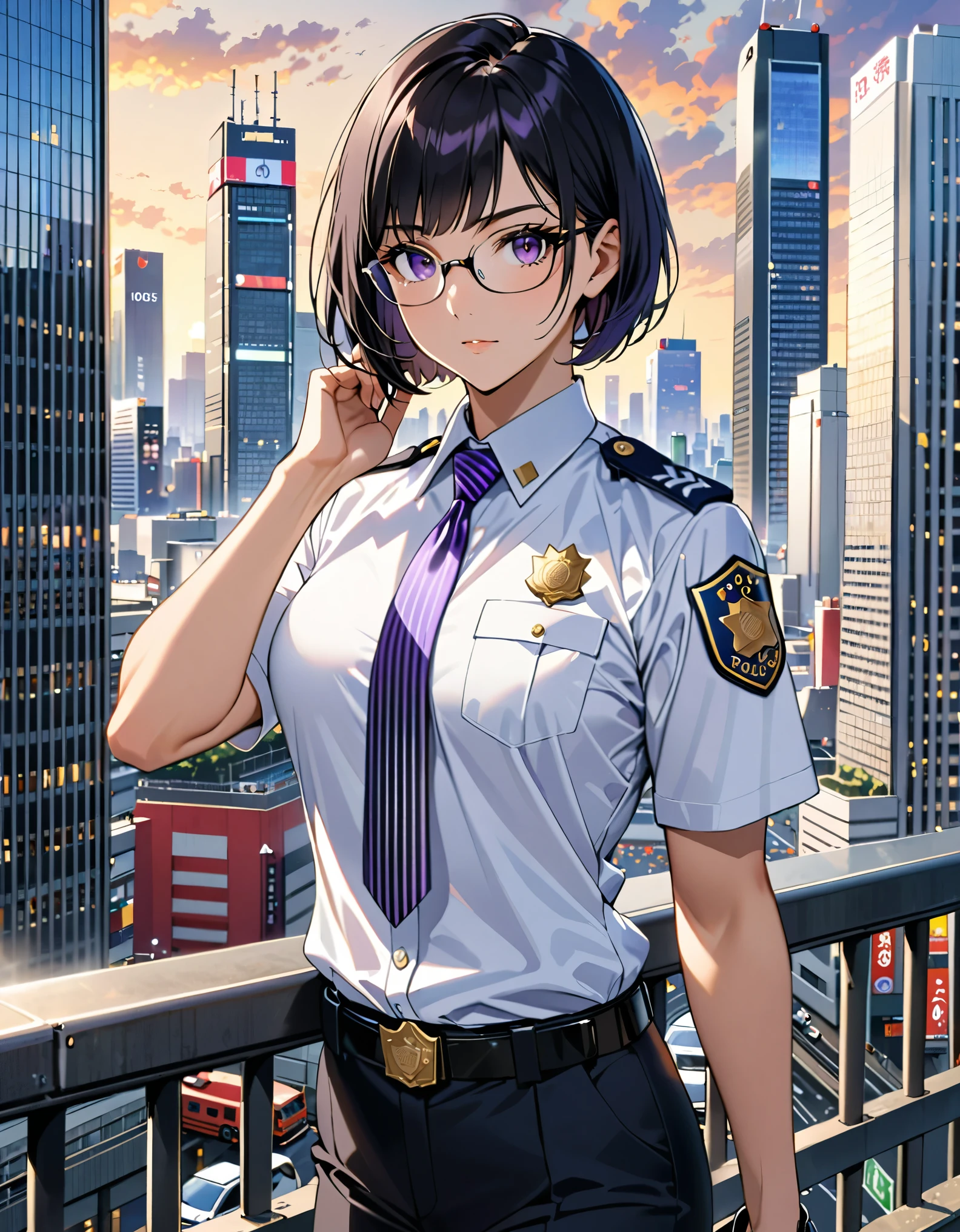 masterpiece, best quality, medium breasts, solo, (jet black hair, short hair, bob hair, purple eyes, bangs), (full body), city backdrop, tokyo city backdrop, solo, solo focus, standing, japanese police uniform, glasses, (white shirt), (black pants, tie), matching shoes, badge, (perfect hands, perfect anatomy), cowboy shot, superhero, ((beautiful detailed eyes)).