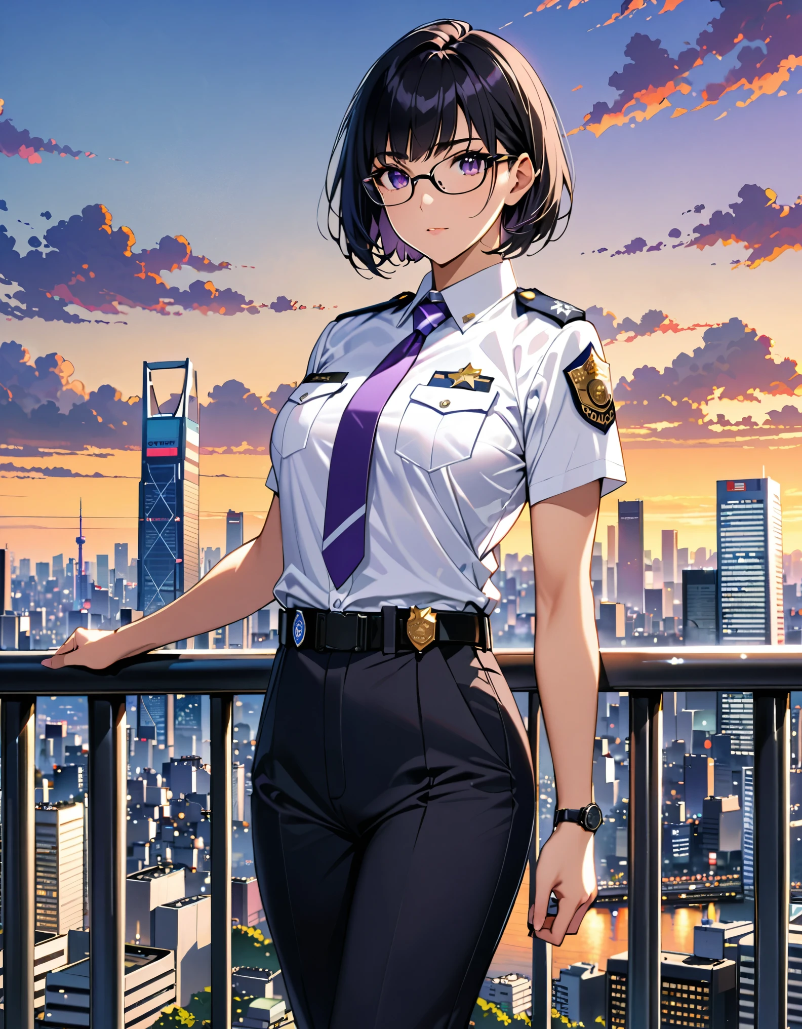masterpiece, best quality, medium breasts, solo, (jet black hair, short hair, bob hair, purple eyes, bangs), (full body), city backdrop, tokyo city backdrop, solo, solo focus, standing, japanese police uniform, glasses, (white shirt), (black pants, tie), matching shoes, badge, (perfect hands, perfect anatomy), cowboy shot, superhero, ((beautiful detailed eyes)).