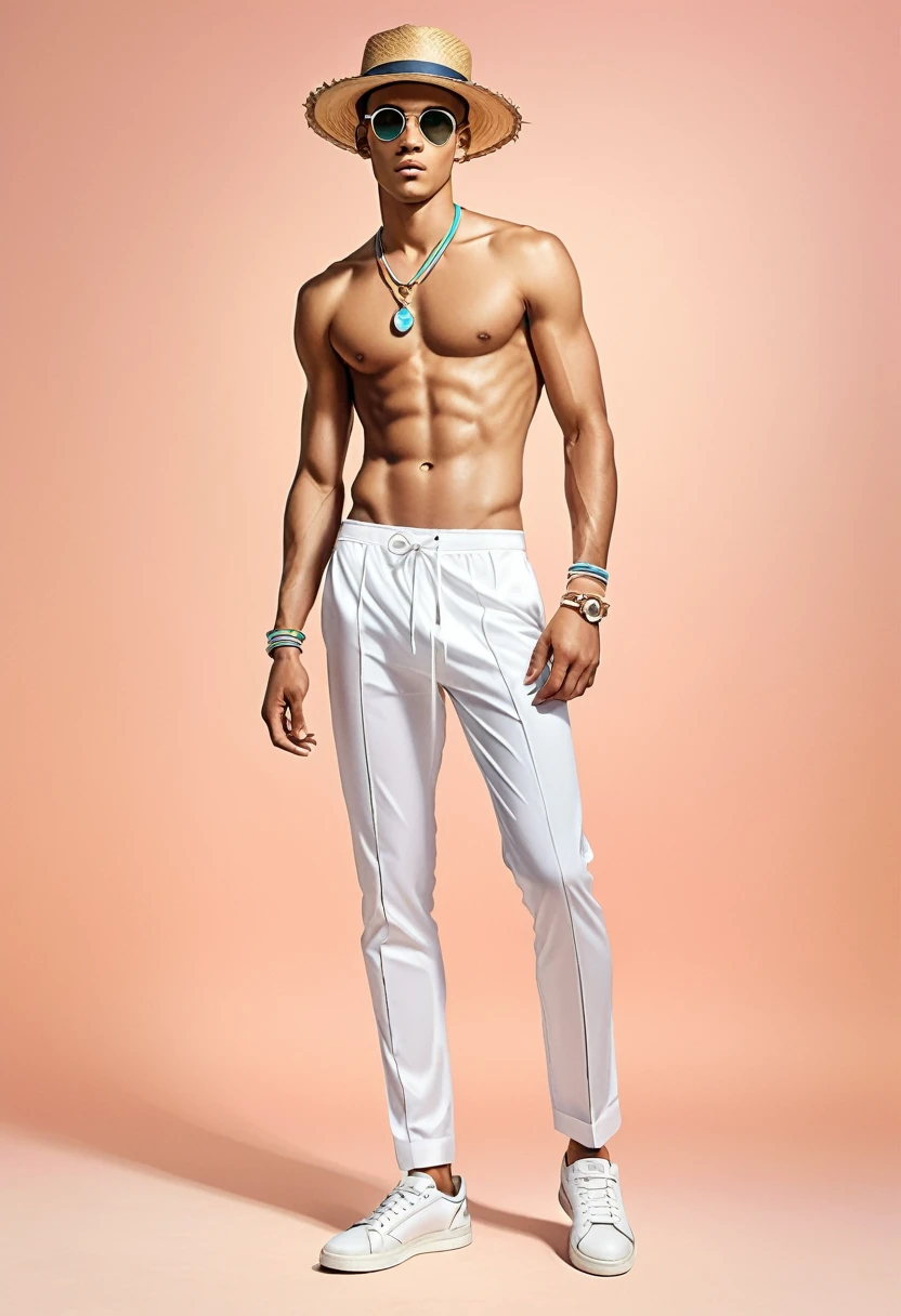 candid fashion illustration of young Mixed race 2man supper models, both aged 22 year old, skinny and lean, ((showcase fashion look book in White outfits)), inspired by Christian Dior's resort collection in elegant young bohemian style. The man wears only white sheer G string, topless, standing spread apart give a nice view of his thick bulge cock line, He completes his look with white sneakers, round sunglasses and bracelet. The other man complements him in speedo ensemble includes an accessorizes with a straw hat, white sneakers, Captured in a dynamic angle, ((full-body image)), ((pastel color background)), sketching, realistic pencil lines, imperfect drawing, fading sketch, fashion look book, fashion illustrator, sketch design,