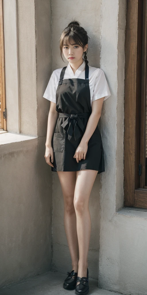 1girl,legs,a girl at building,(((building))),  braided bangs,braided ponytail,(solo:1.2),apron,thick thighs,side-tie panties, balck hair, 16yo,looking at viewer, sunlight,hanfu, 