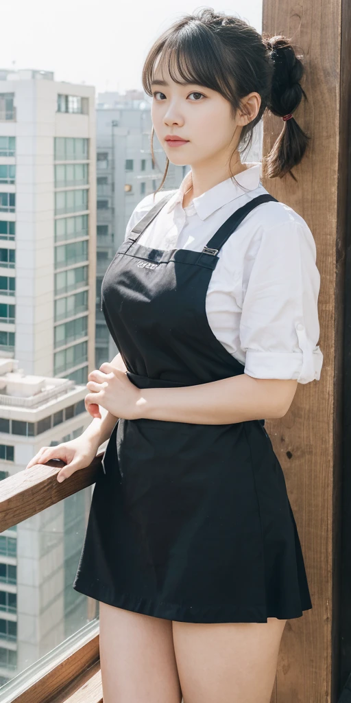 1girl,legs,a girl at building,(((building))),  braided bangs,braided ponytail,(solo:1.2),apron,thick thighs,side-tie panties, balck hair, 16yo,looking at viewer, sunlight,hanfu, 