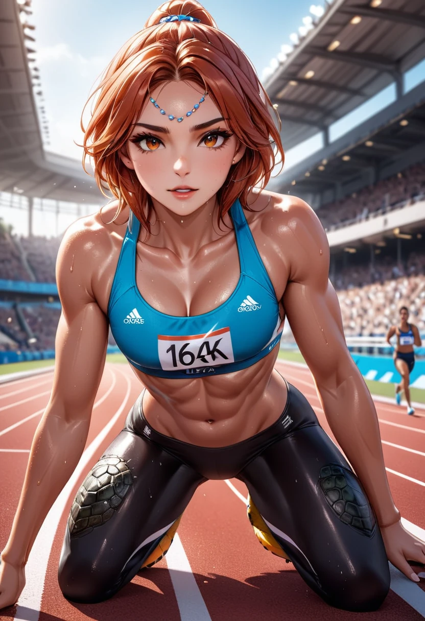 a close up shot on a ((anthmorph turtle: 1.3)) sprinter in a running lane getting ready to sprint in the Olympics, tense look, getting ready to sprint, (best detailed face: 1.3), lean muscled body, sweat beads on forehead, , (anatomically correct: 1.4), (full body shot: 1.1) , vibrant, Ultra-high resolution, High Contrast, (masterpiece:1.5), highest quality, Best aesthetics), best details, best quality, highres, ultra wide angle, 16k, [ultra detailed], masterpiece, best quality, (extremely detailed), Cinematic Hollywood Film, Anthro... woman