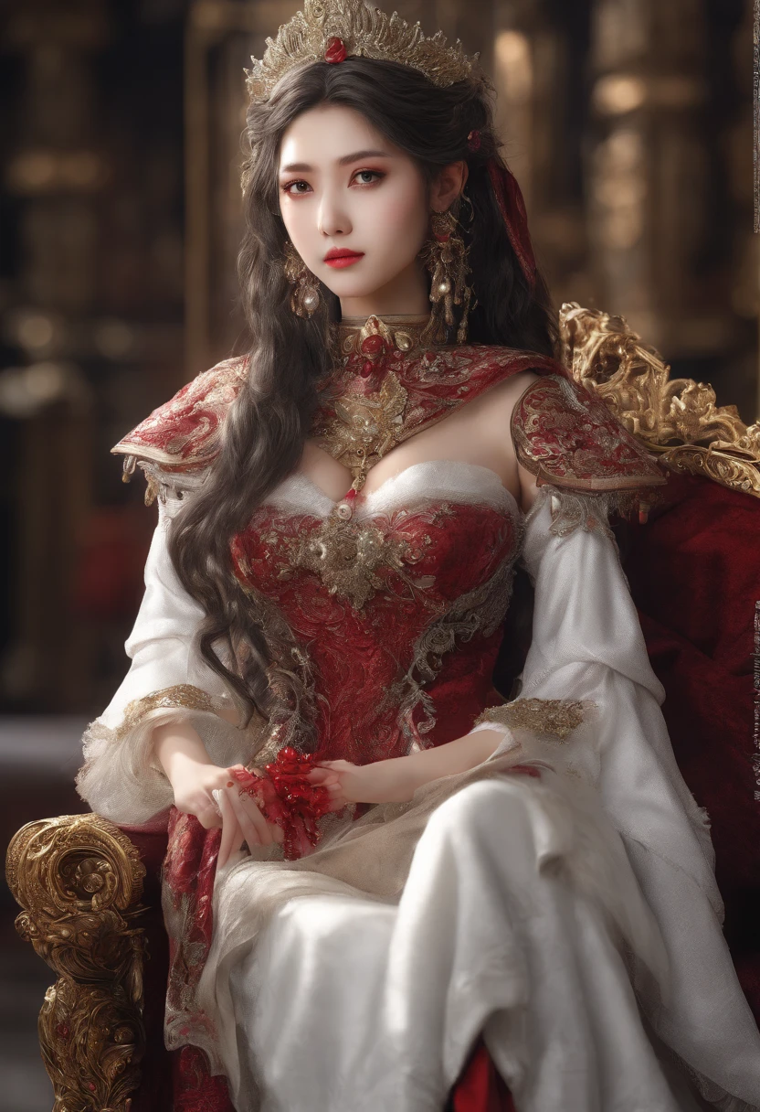 best quality,masterpiece,Ultra-high resolution,(photoactual:1.4),AnReal Model,dark castle,Sitting on the throne,Cold and glamorous,noble,18 year old oriental devil female,red shawl long hair,Bright eyebrows red eyes.Wearing Western sexy light armor,A bright smile
