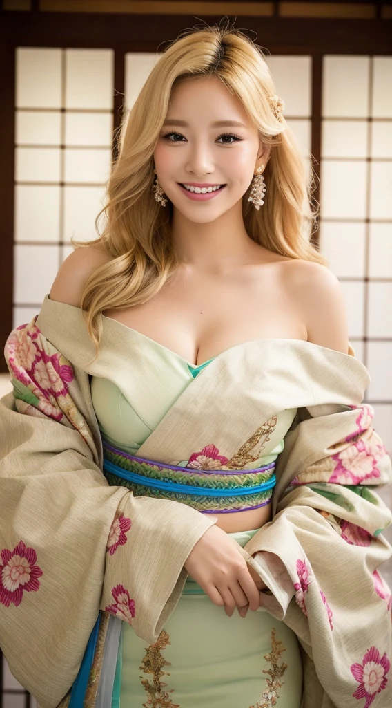 Surreal beautiful woman with blonde wavy hair and a big smile on her face.South Korea.Light color off-shoulder low-cut kimono.role play.Raise your butt up towards the camera