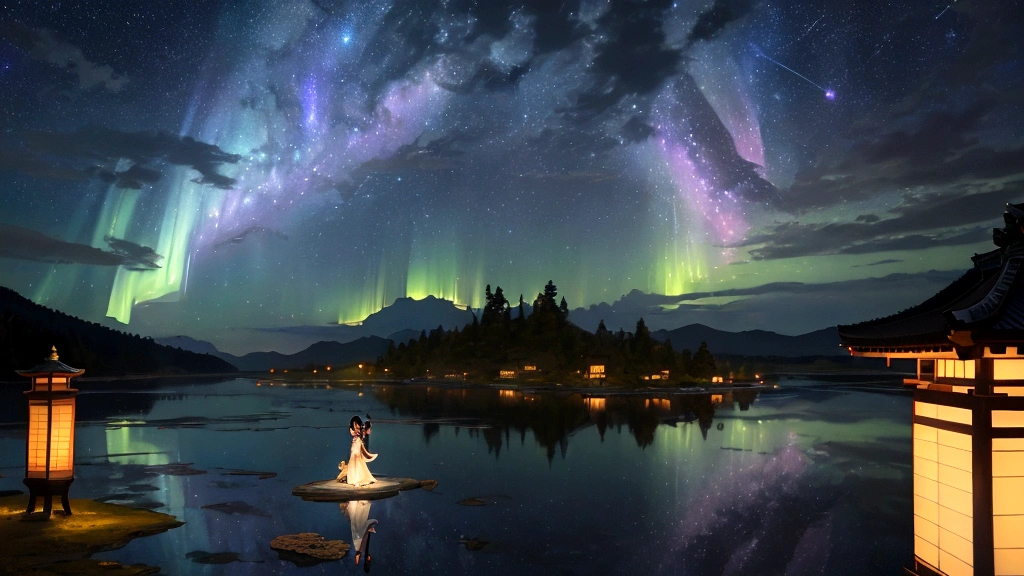 A magical scene depicting the Tanabata legend of Orihime and Hikoboshi. The setting is a celestial night sky with countless stars and the Milky Way creating a shimmering path. Orihime, dressed in a flowing traditional Japanese kimono, and Hikoboshi, in a matching elegant robe, are portrayed as graceful and ethereal figures. They are meeting on a beautiful celestial bridge made of stars, appearing radiant and joyous. The background features soft, glowing clouds and mystical auroras that enhance the romantic and mythical atmosphere. Surrounding the couple, there are delicate, floating paper lanterns and gentle lights that add a dreamy quality to the scene