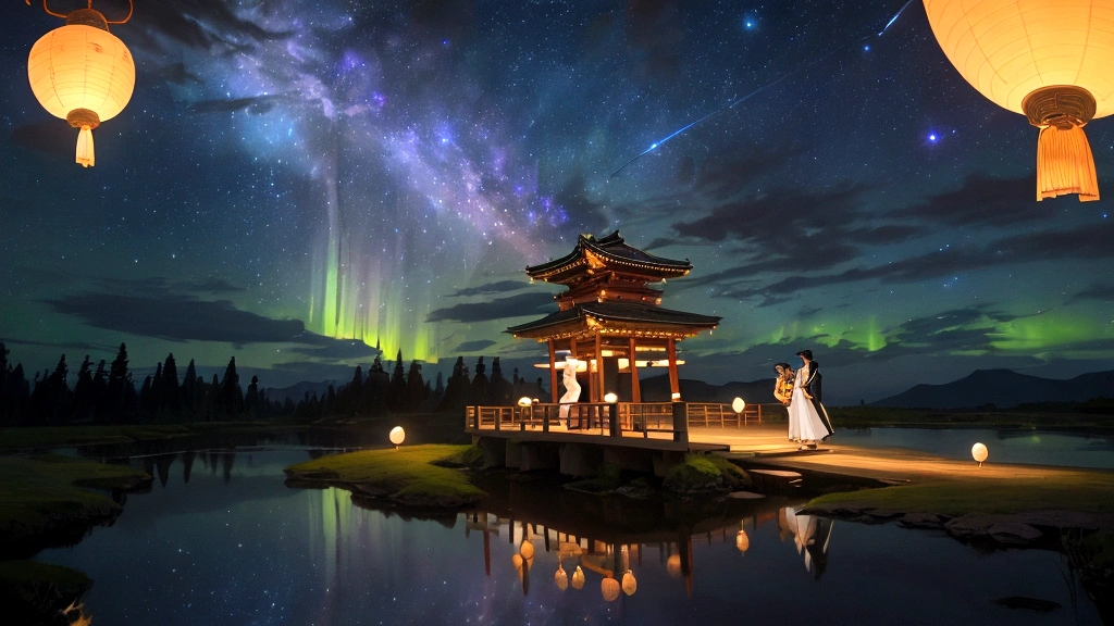 A magical scene depicting the Tanabata legend of Orihime and Hikoboshi. The setting is a celestial night sky with countless stars and the Milky Way creating a shimmering path. Orihime, dressed in a flowing traditional Japanese kimono, and Hikoboshi, in a matching elegant robe, are portrayed as graceful and ethereal figures. They are meeting on a beautiful celestial bridge made of stars, appearing radiant and joyous. The background features soft, glowing clouds and mystical auroras that enhance the romantic and mythical atmosphere. Surrounding the couple, there are delicate, floating paper lanterns and gentle lights that add a dreamy quality to the scene