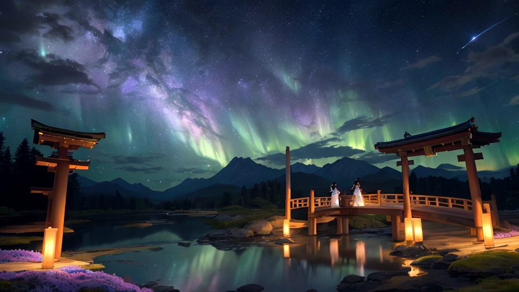 A magical scene depicting the Tanabata legend of Orihime and Hikoboshi. The setting is a celestial night sky with countless stars and the Milky Way creating a shimmering path. Orihime, dressed in a flowing traditional Japanese kimono, and Hikoboshi, in a matching elegant robe, are portrayed as graceful and ethereal figures. They are meeting on a beautiful celestial bridge made of stars, appearing radiant and joyous. The background features soft, glowing clouds and mystical auroras that enhance the romantic and mythical atmosphere. Surrounding the couple, there are delicate, floating paper lanterns and gentle lights that add a dreamy quality to the scene
