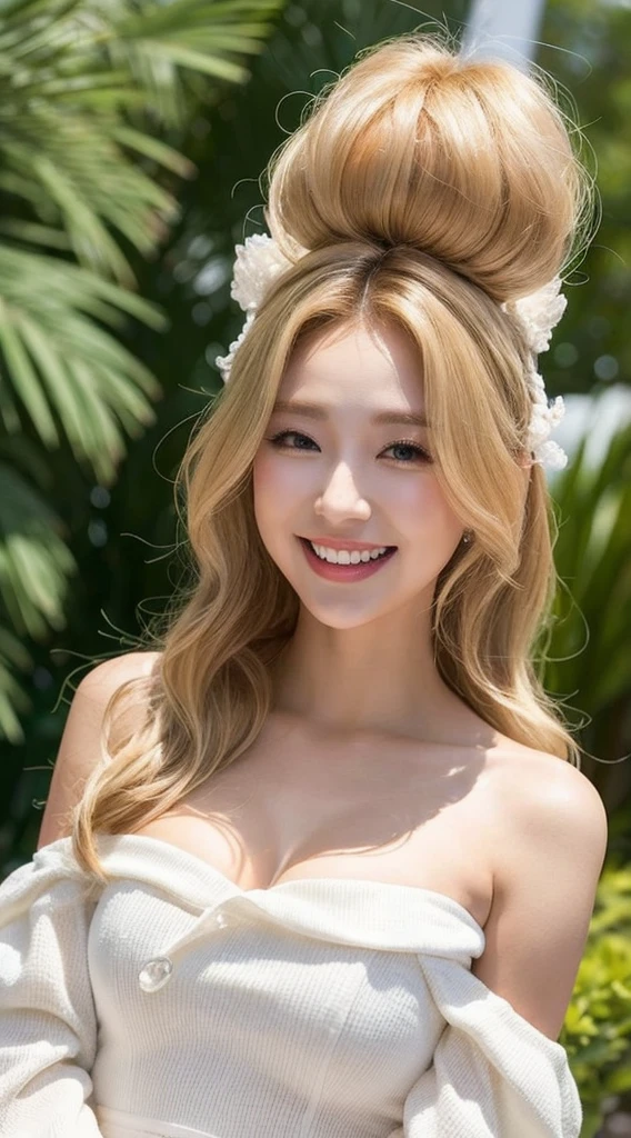Surreal beautiful woman with blonde wavy hair and a big smile on her face.South Korea.Pure white off-shoulder low-cut dress.role play
