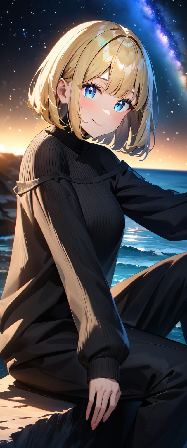 ((reaching)), (((focus on face))), ((extreme close up face)), (((a beautiful starry sky, the Milky Way shining beautifully in the night))), ((off-shoulder sweater:1.3, Quite thick shoulder straps)), ((black sweater)), ((Aran sweater)), ((((from side)))), ((sitting on the very high cliff)), wavy hair, inward curled hair, sea, ((blond hair, bob cut:1.3)), breasts, ager, (looking at viewer), oversized clothes, puffy long sleeves, collarbone, head tilt:1.3, (((blue eyes))), happy smile, (((anime style))), (best quality, 4K, 8K, highres, masterpiece:1.2, ultra-detailed, ultra-detailed eyes, HDR, uhd, studio lighting, ultra-fine painting, sharp focus, physically-based rendering, extreme detail description, professional, vivid colors, bokeh)