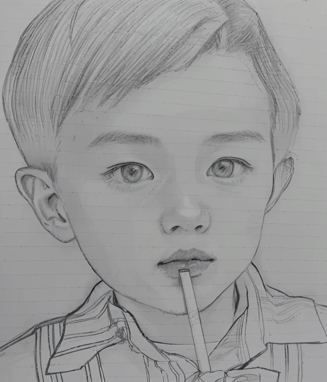 Pencil drawinging of a boy with a straw in his mouth, Realism drawing, paperに鉛筆, a Pencil sketch, Pencil drawing, Pencil sketch, Realistic sketch, Shim Sa-jeong, Inspired by Huang Gongwang, Traditional Arts, Traditional drawing style, paperに鉛筆アート, hyperRealistic sketch, Graphite、paper, Inspired by Yonghao Han, Children&#39;s drawings