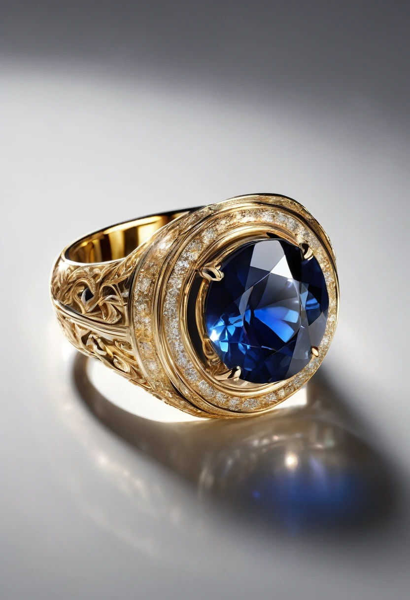 White background, a modern ring with a sapphire stone, jewelry design, modern details, photorealistic, 8k, best quality, highly detailed, masterpiece, precious gemstone, shiny gold, flawless finish, realistic lighting, studio lighting, sharp focus, cinematic, chiaroscuro, dramatic lighting, glowing, atmospheric