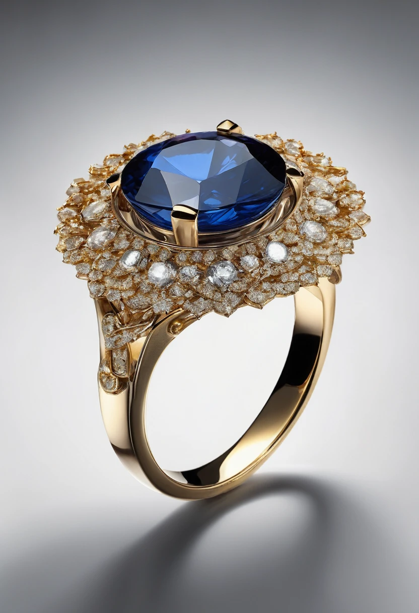 White background, a modern ring with a sapphire stone, jewelry design, modern details, photorealistic, 8k, best quality, highly detailed, masterpiece, precious gemstone, shiny gold, flawless finish, realistic lighting, studio lighting, sharp focus, cinematic, chiaroscuro, dramatic lighting, glowing, atmospheric