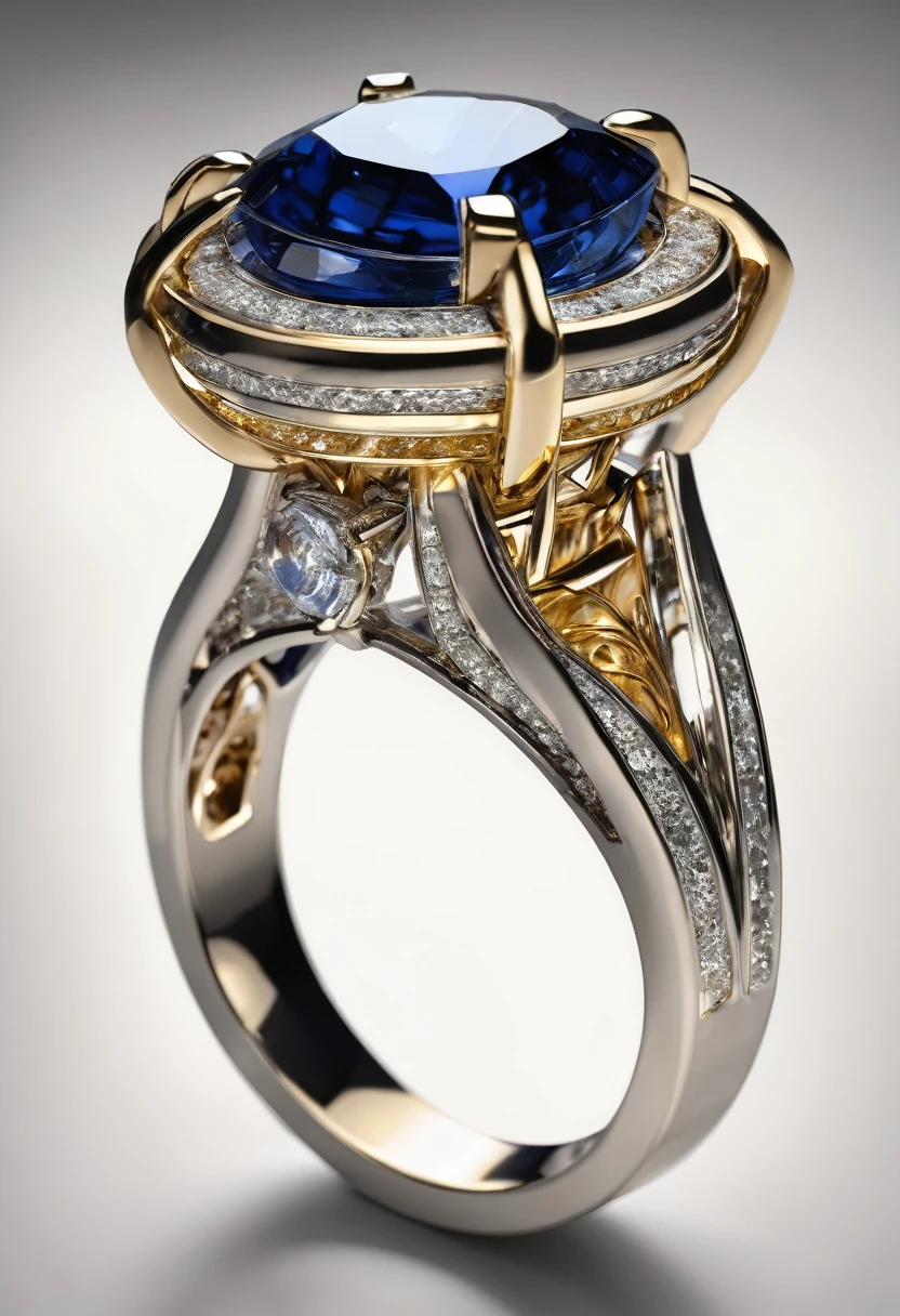 White background, a modern ring with a sapphire stone, jewelry design, modern details, photorealistic, 8k, best quality, highly detailed, masterpiece, precious gemstone, shiny gold, flawless finish, realistic lighting, studio lighting, sharp focus, cinematic, chiaroscuro, dramatic lighting, glowing, atmospheric