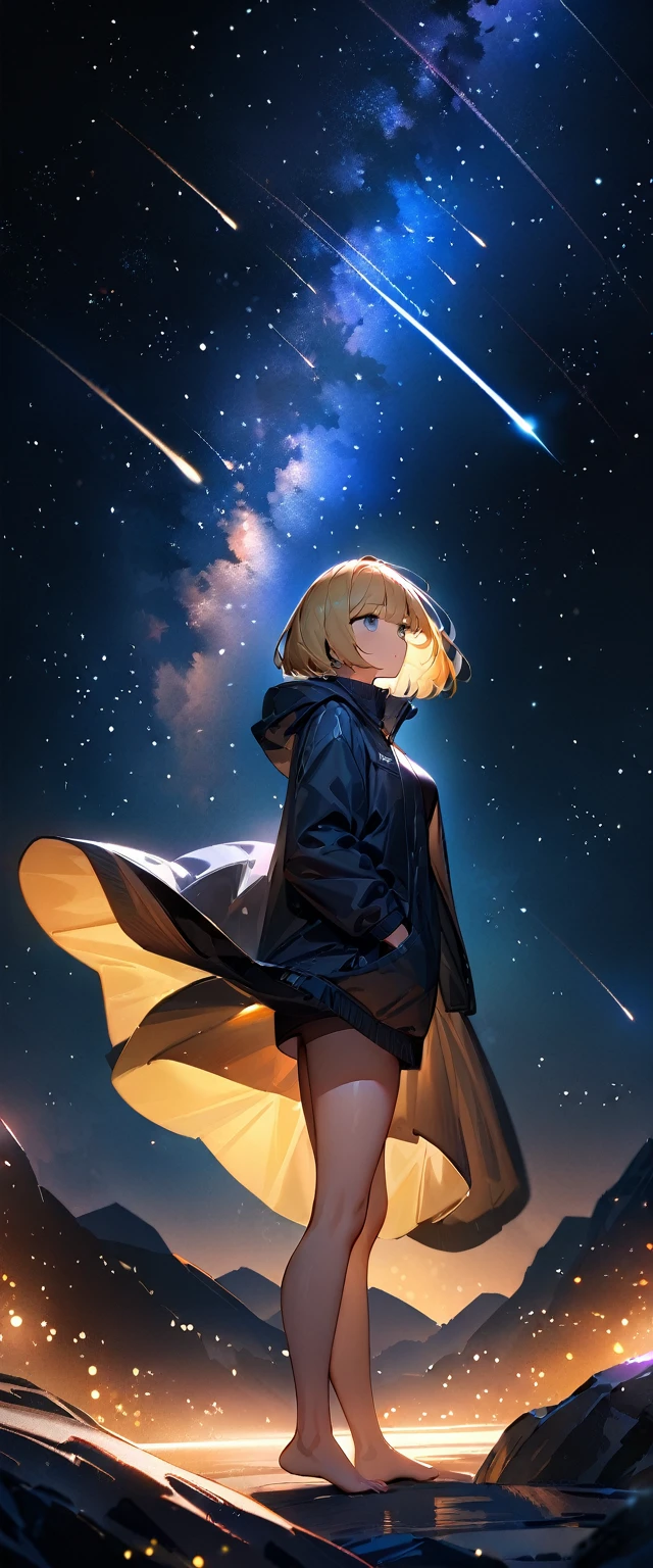 (((A meteor shower dancing in the night sky, countless stars twinkling in the clear air, a beautiful starry sky, the Milky Way shining beautifully in the night))), high collar, hands in pockets, looking up, mountain, wide shot, back shot, a girl, bob cut, bare legs, bare foot, blond hair, (best quality, 4K, 8K, highres, masterpiece:1.2, ultra-detailed, HDR, uhd, studio lighting, ultra-fine painting, sharp focus, physically-based rendering, extreme detail description, professional, vivid colors, bokeh)