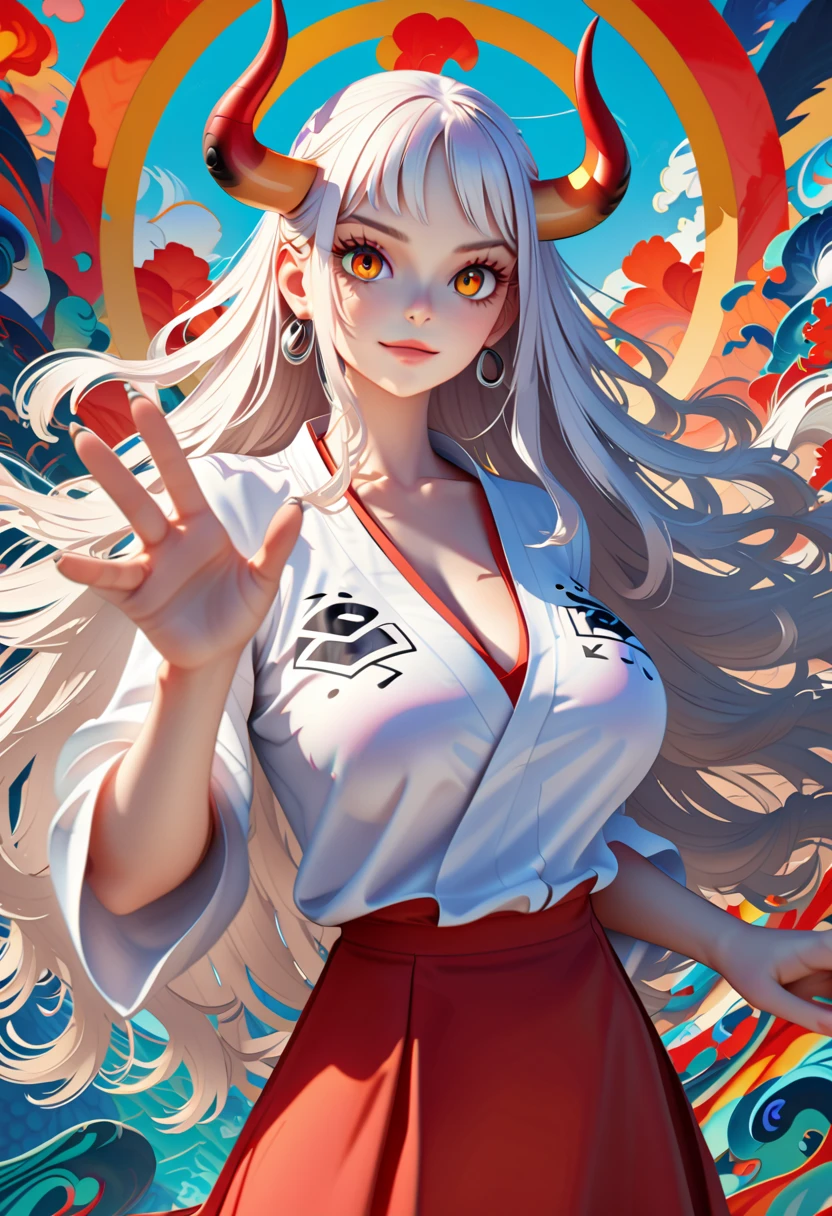Style 8,1 woman, yamato one piece, long hair, white hair, horns, yellow eyes, detailed eyes, light smile, white clothes, red skirt, big breasts, illustration,beautiful background,whole body,crazy Beautiful photography pose,profile,view at viewer, brown eyes, high detailed wallpaper, high quality, masterpiece