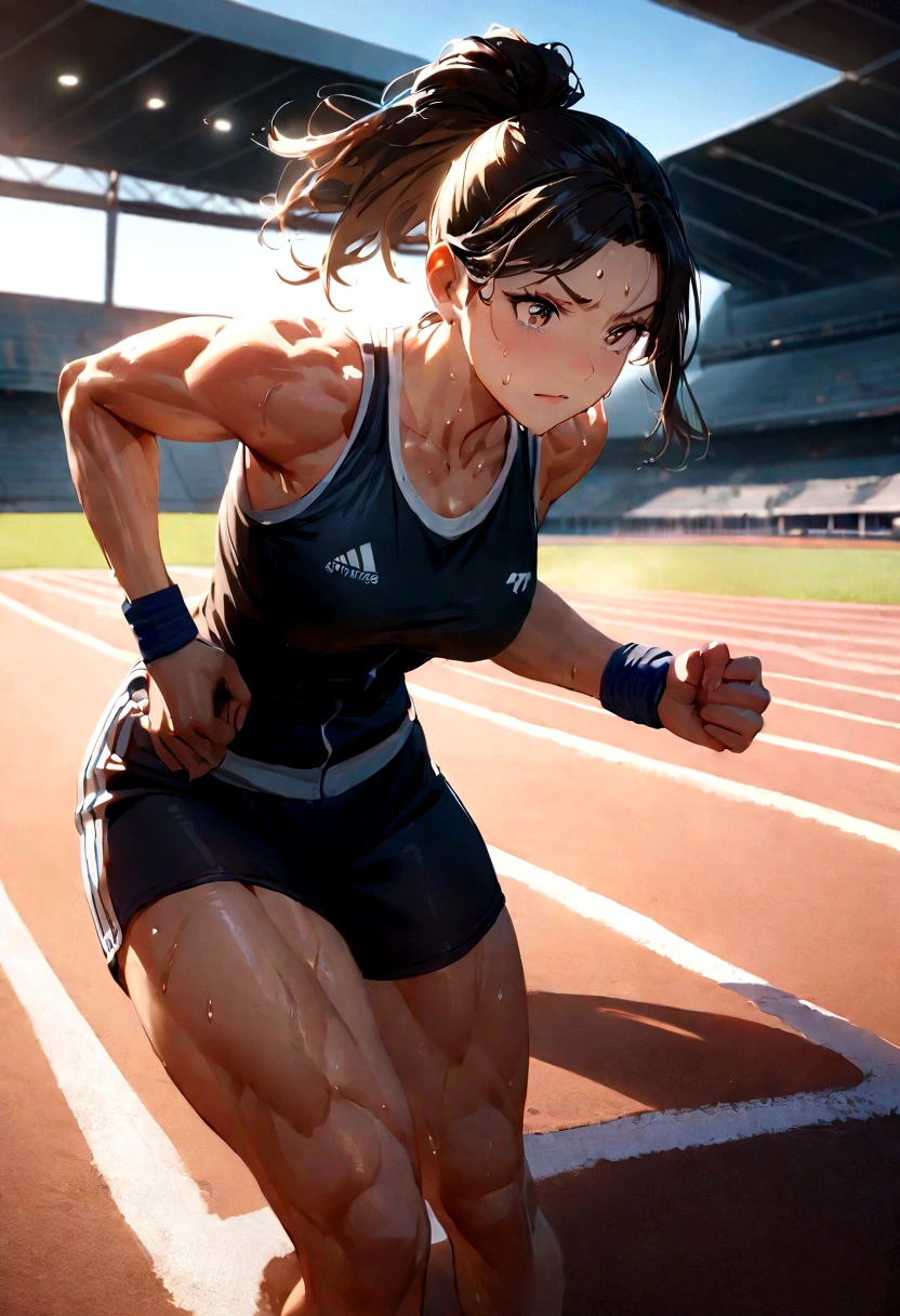 Female Athlete, (Serena Williams:Simone Biles:0.5), lean muscular build, sweat dripping down her forehead, determined expression, high detail face, high detail skin, sports attire, (tight sports bra and short athletic shorts), (toned abs:1.2), short afro hairstyle, (sculpted shoulders:1.3), synthetic turf track background, (UHD, 8K wallpaper, High resolution), cinematic lighting, award-winning, extremely detailed skin, extra detailed face, high detail eyes, photo-realistic, Canon EF 70-200mm F/2.8L IS III, by