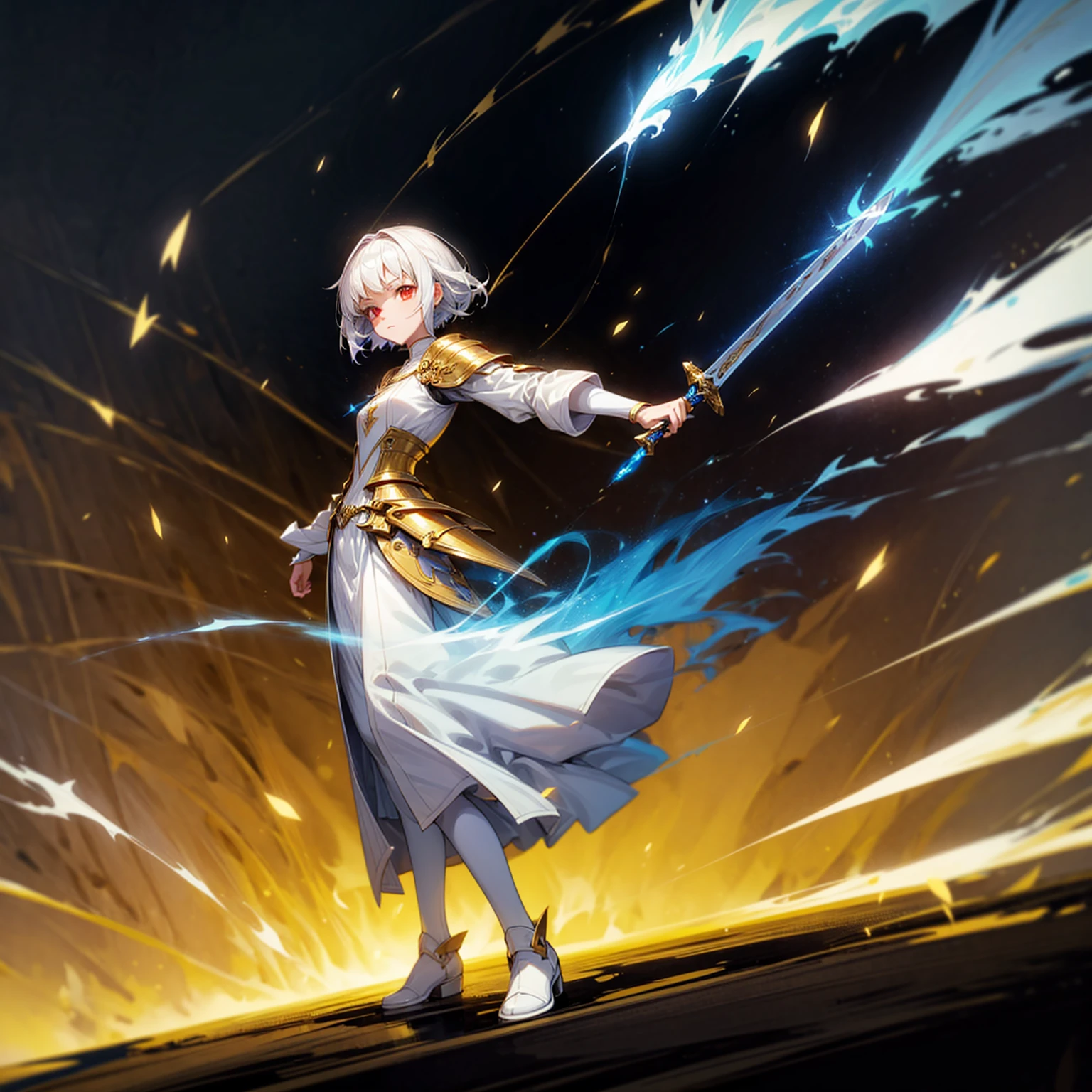 1girl, Full body version, 1character, light red eyes color, white skin, short hairstyle, white colour hair, templar knight style clothing, Long skirt, long socks, long boots, robes, (gold knife in hand), gold Shield in hand, full background, Grassroots background in village, motion blur, shadow, standing gesture, smoke effect, blue lighting effect, lighting blue knife, girl aura, plasma effect, Lightning, lightning flashes on the knife, blue lightning, full gold armor, armor, big hologram, (one piece style art)
