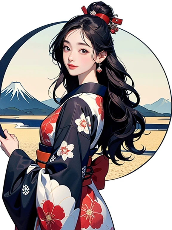 (Highest quality、masterpiece、High resolution、8K)、Ukiyo-e、Vibrant colors、1 female、The kimono has a vivid floral pattern on a white background.、Katsushika Hokusai、White waves and Mt. Fuji、White waves, the moon and a woman、White waves, a boat and a woman、White waves and a woman、Long Black Hair、White waves and a womanとカモメ、Official Art、Detailed CG、