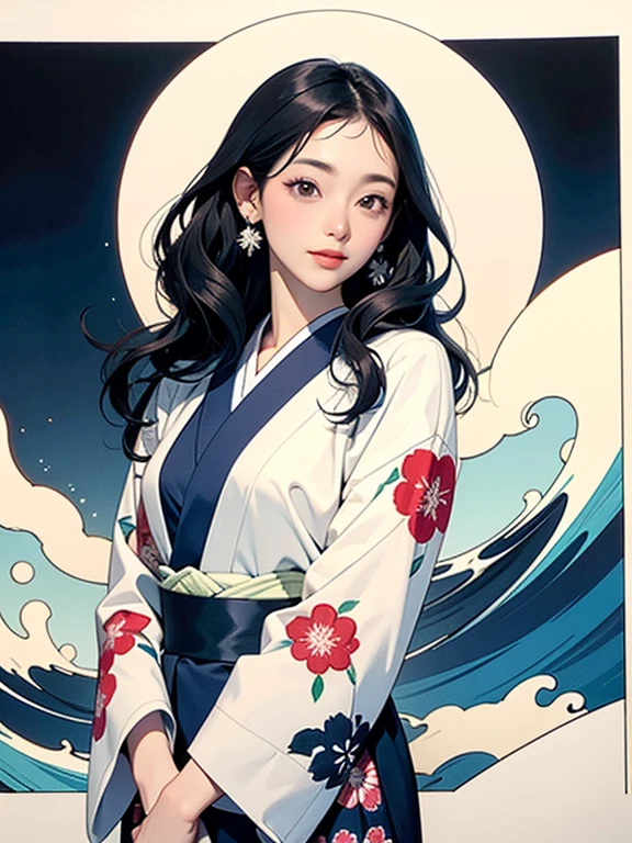 (Highest quality、masterpiece、High resolution、8K)、Ukiyo-e、Vibrant colors、1 female、The kimono has a vivid floral pattern on a white background.、Katsushika Hokusai、White waves and Mt. Fuji、White waves, the moon and a woman、White waves, a boat and a woman、White waves and a woman、Long Black Hair、White waves and a womanとカモメ、Official Art、Detailed CG、