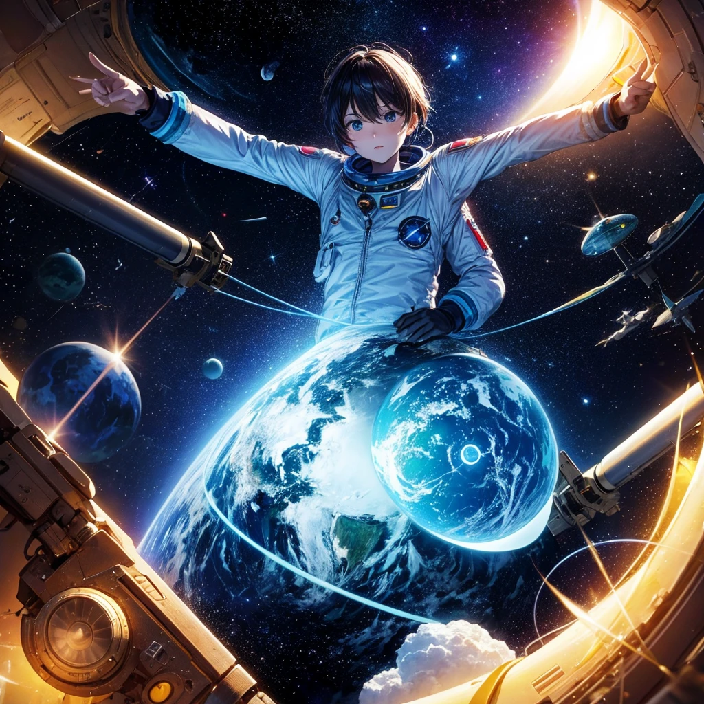 astronaute watch forward earth from blue neon planet pluton