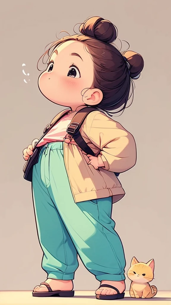 Handmade cartoon drawing style,A girl ties her hair into two buns,flower shirt,Tall,wide trousers,Crossbody backpack,Standing with one hand raised and looking up happily,flower,Super exquisite picture quality.
