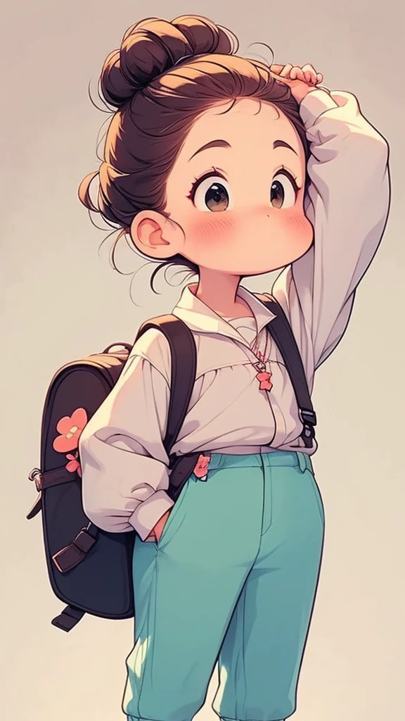 Handmade cartoon drawing style,A girl ties her hair into two buns,flower shirt,Tall,wide trousers,Crossbody backpack,Standing with one hand raised and looking up happily,flower,Super exquisite picture quality.
