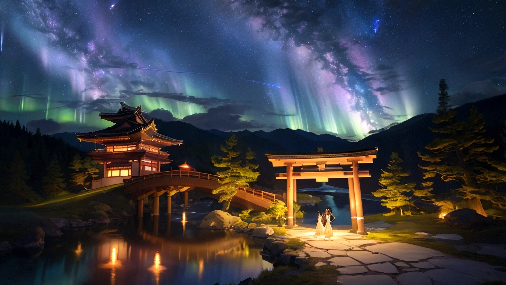 A magical scene depicting the Tanabata legend of Orihime and Hikoboshi. The setting is a celestial night sky with countless stars and the Milky Way creating a shimmering path. Orihime, dressed in a flowing traditional Japanese kimono, and Hikoboshi, in a matching elegant robe, are portrayed as graceful and ethereal figures. They are meeting on a beautiful celestial bridge made of stars, appearing radiant and joyous. The background features soft, glowing clouds and mystical auroras that enhance the romantic and mythical atmosphere. Surrounding the couple, there are delicate, floating paper lanterns and gentle lights that add a dreamy quality to the scene
