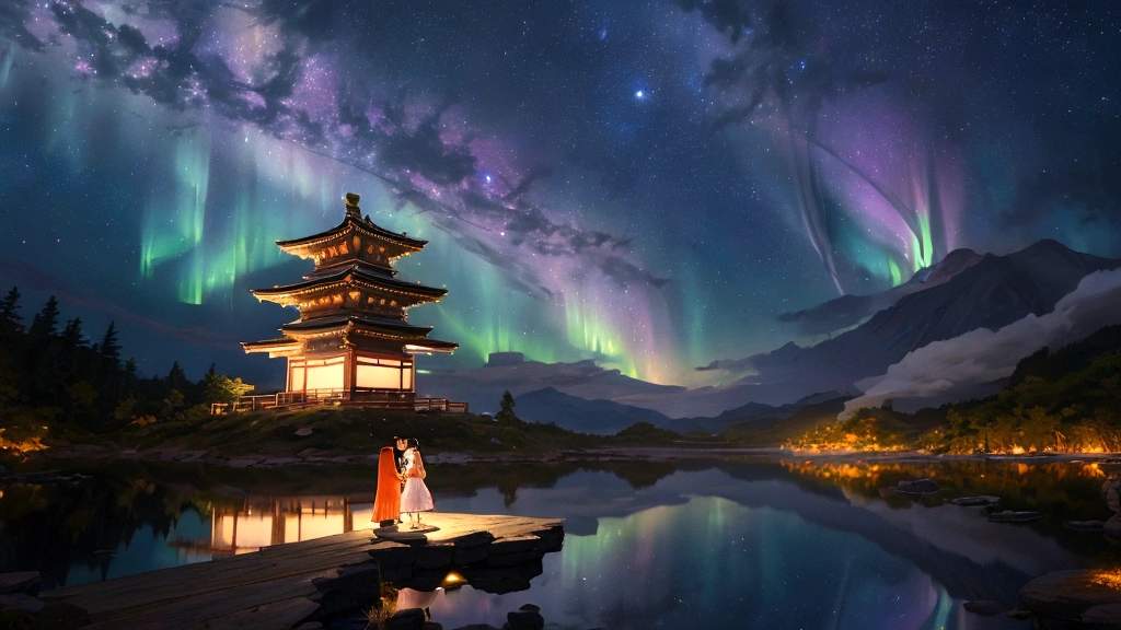 A magical scene depicting the Tanabata legend of Orihime and Hikoboshi. The setting is a celestial night sky with countless stars and the Milky Way creating a shimmering path. Orihime, dressed in a flowing traditional Japanese kimono, and Hikoboshi, in a matching elegant robe, are portrayed as graceful and ethereal figures. They are meeting on a beautiful celestial bridge made of stars, appearing radiant and joyous. The background features soft, glowing clouds and mystical auroras that enhance the romantic and mythical atmosphere. Surrounding the couple, there are delicate, floating paper lanterns and gentle lights that add a dreamy quality to the scene