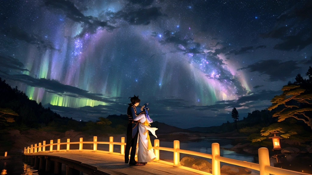 A magical scene depicting the Tanabata legend of Orihime and Hikoboshi. The setting is a celestial night sky with countless stars and the Milky Way creating a shimmering path. Orihime, dressed in a flowing traditional Japanese kimono, and Hikoboshi, in a matching elegant robe, are portrayed as graceful and ethereal figures. They are meeting on a beautiful celestial bridge made of stars, appearing radiant and joyous. The background features soft, glowing clouds and mystical auroras that enhance the romantic and mythical atmosphere. Surrounding the couple, there are delicate, floating paper lanterns and gentle lights that add a dreamy quality to the scene