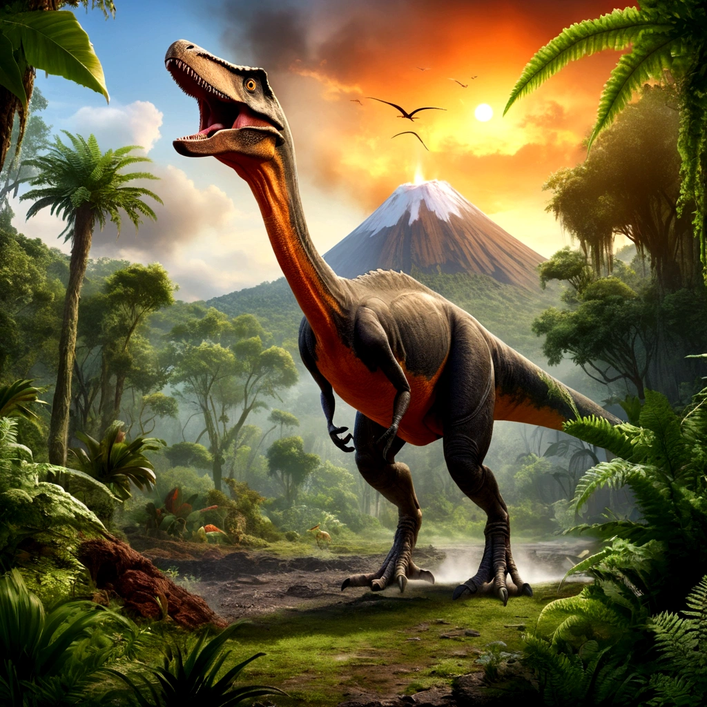 Highest quality, masterpiece, Ultra-high resolution, (Realistic: 1.4), RAW Photos,Create an image depicting a Cretaceous landscape. The image should feature a large theropod dinosaur, similar to a Tyrannosaurus Rex, with its mouth wide open as if roaring. The dinosaur should be shown in full body. The background should include a lush, green landscape with dense vegetation. Add elements of natural fire or volcanic activity, with smoke and an orange glow in the sky. Additionally, the surroundings of the dinosaur should include ferns and giant trees, creating an ancient wetland atmosphere. In the sky, a few flying pterosaurs should be visible, and in the distance, a volcano should be erupting.
