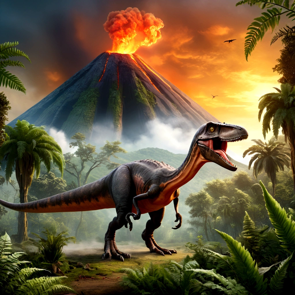 Highest quality, masterpiece, Ultra-high resolution, (Realistic: 1.4), RAW Photos,Create an image depicting a Cretaceous landscape. The image should feature a large theropod dinosaur, similar to a Tyrannosaurus Rex, with its mouth wide open as if roaring. The dinosaur should be shown in full body. The background should include a lush, green landscape with dense vegetation. Add elements of natural fire or volcanic activity, with smoke and an orange glow in the sky. Additionally, the surroundings of the dinosaur should include ferns and giant trees, creating an ancient wetland atmosphere. In the sky, a few flying pterosaurs should be visible, and in the distance, a volcano should be erupting.