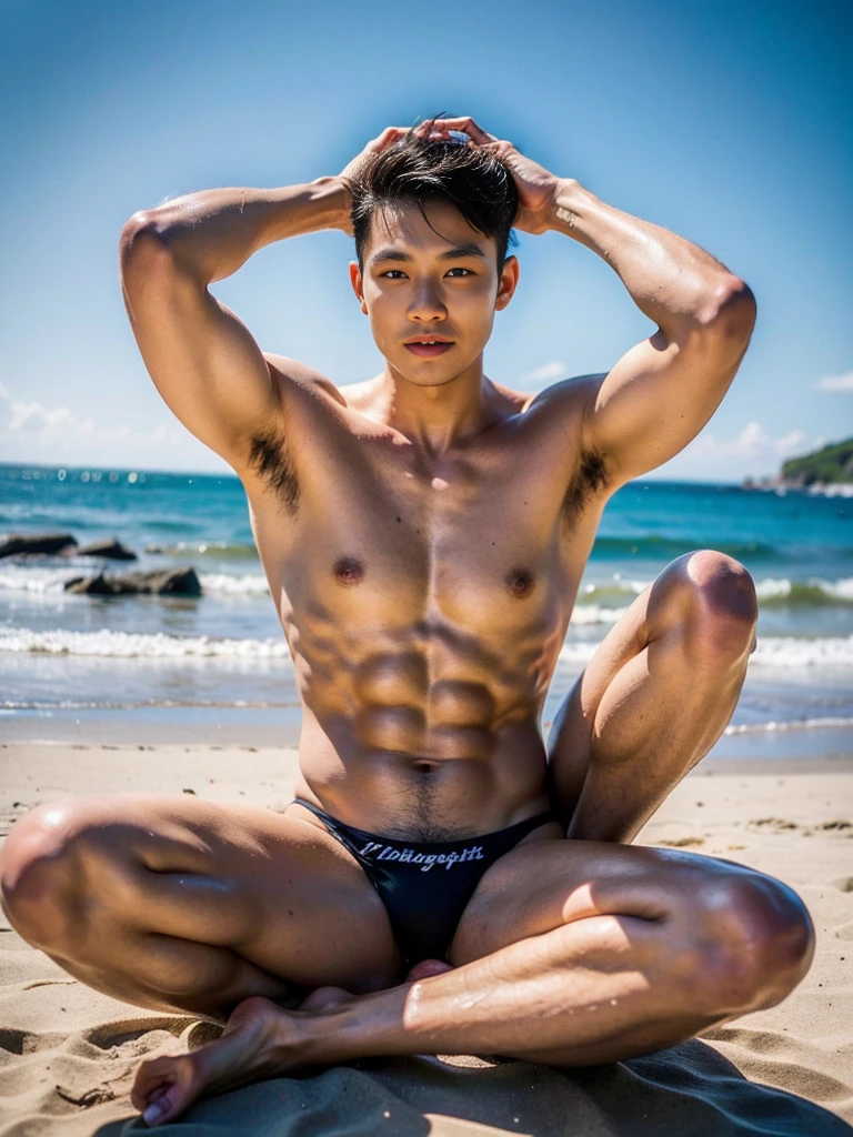 Realistic photography, 8k , handsome young muscular chinese man, wearing no shirt , wearing only black thong, beach, sitting, lifted arms, spread legs
