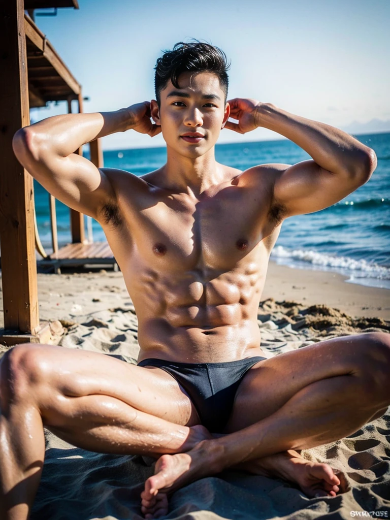 Realistic photography, 8k , handsome young muscular chinese man, wearing no shirt , wearing only black thong, beach, sitting, lifted arms, spread legs