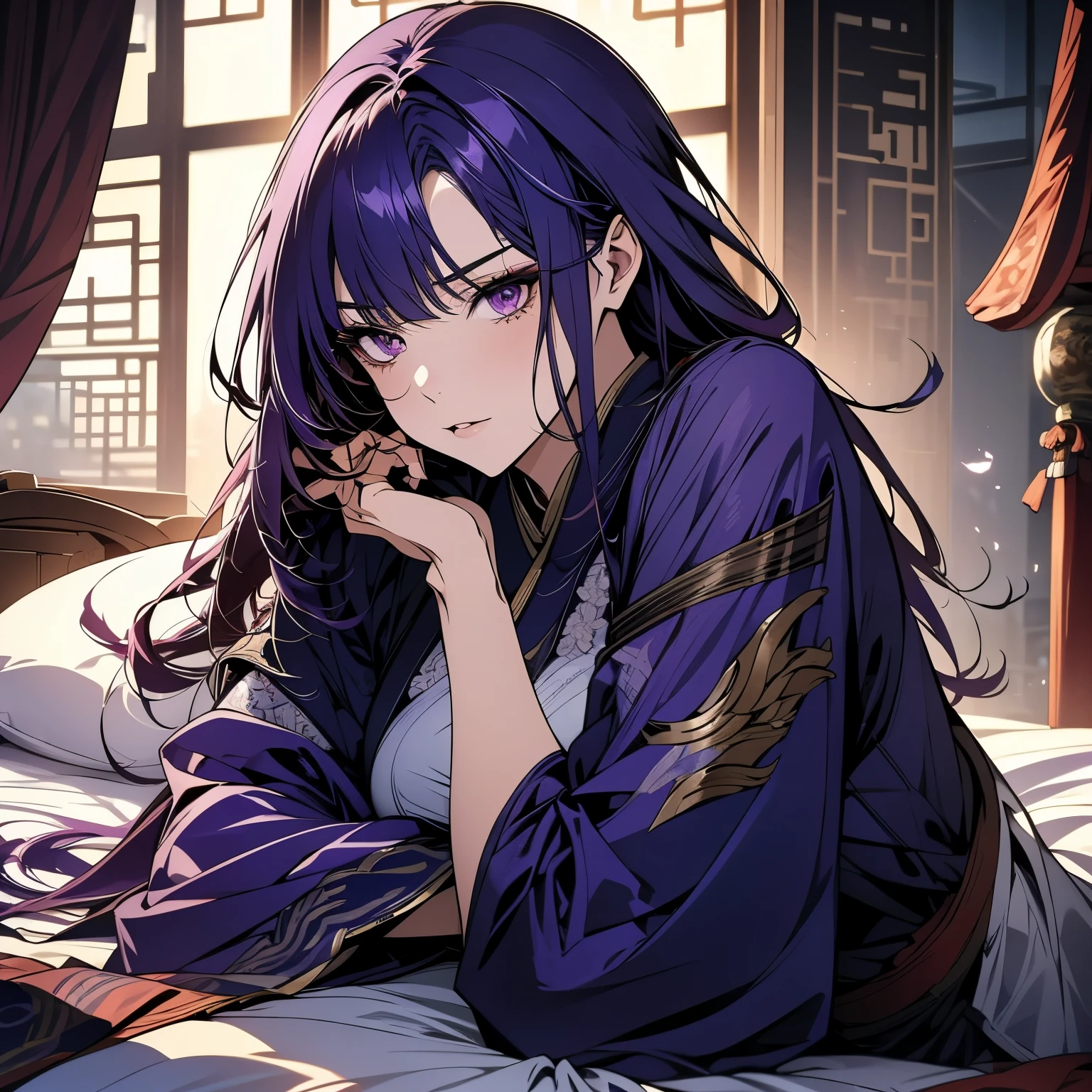 1 women, Raiden Shogun - genshin impact, long purple hair, violet eyes, lying on the bed in chinese room, clothes off, nudity, sexy