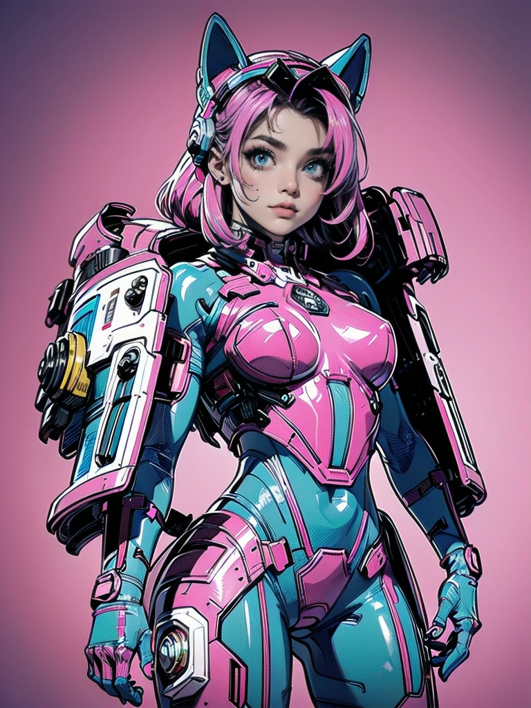 complete body shot,retro futuristic flat background,masterpiece, best quality, 1girl, solo, retro futuristic cyborgwoman, seamlessly blending mechanics and elegance. fit, small breasts, blueish skin, with magenta hair, fashion modeling pose, form fitting pastel yellow and pink with black colorblocking gundam suit-like-armor,kitty_ear headpiece, happy, wild pink punky hair, humanoid face with bigger eyes and some cyberparts holding a retro futuristoc space-gun, plain background, intense colors, Anime, Cartoon, Comic Book, Concept Art