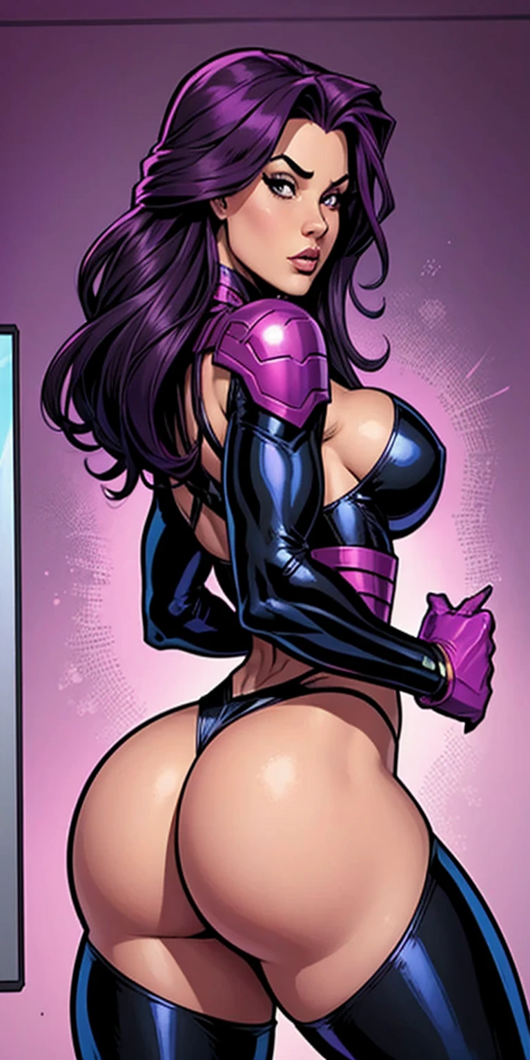 .21 year old woman , long straight purple hair, bright and expressive black eyes, new, Unclothed, undressed. loot, . comic style. quadrinhos da marvel
